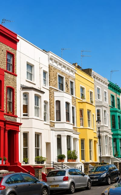 A row of brightly painted terraced townhouses on a Notting Hill street in London.