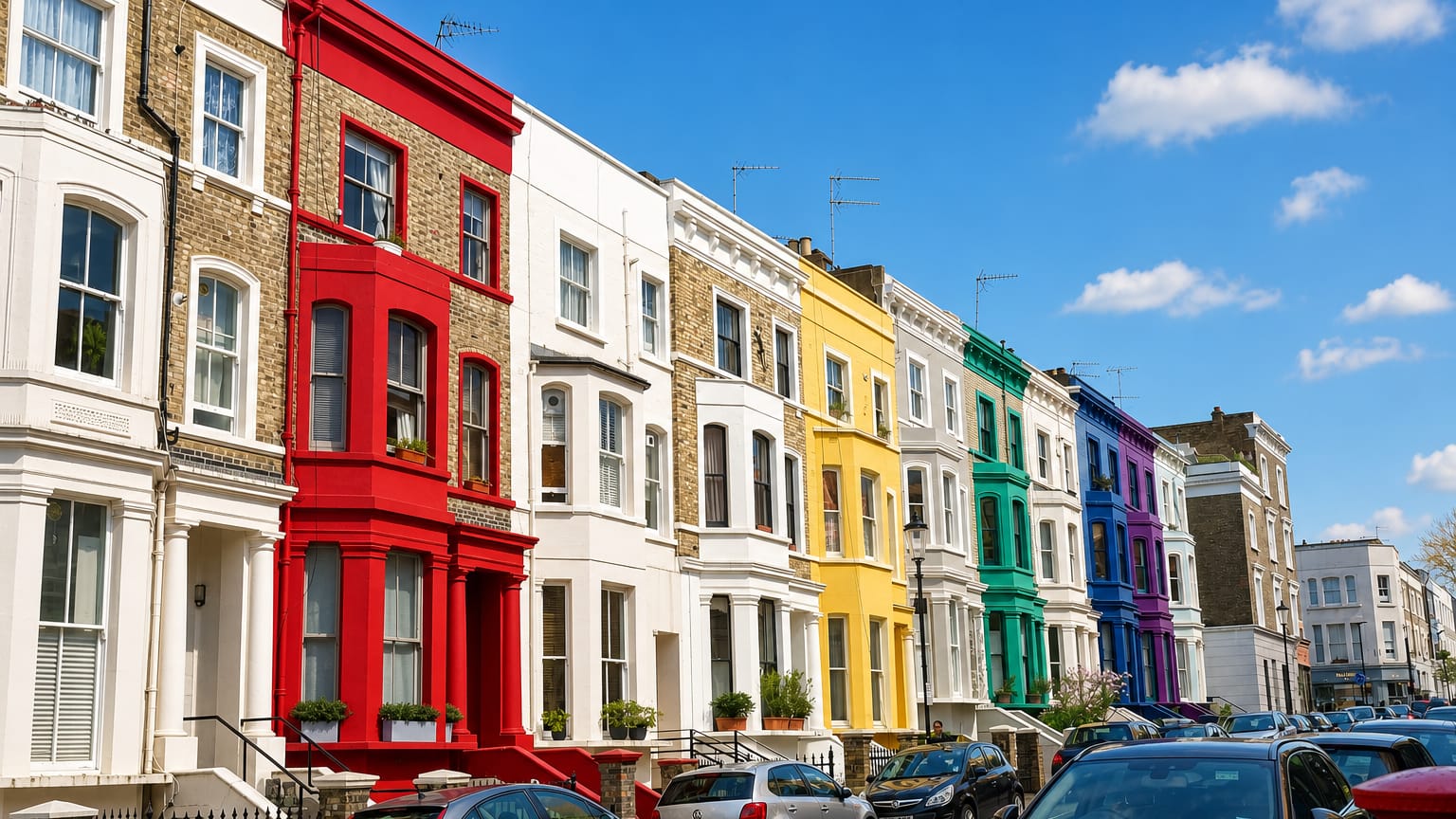 A row of brightly painted terraced townhouses on a Notting Hill street in London.