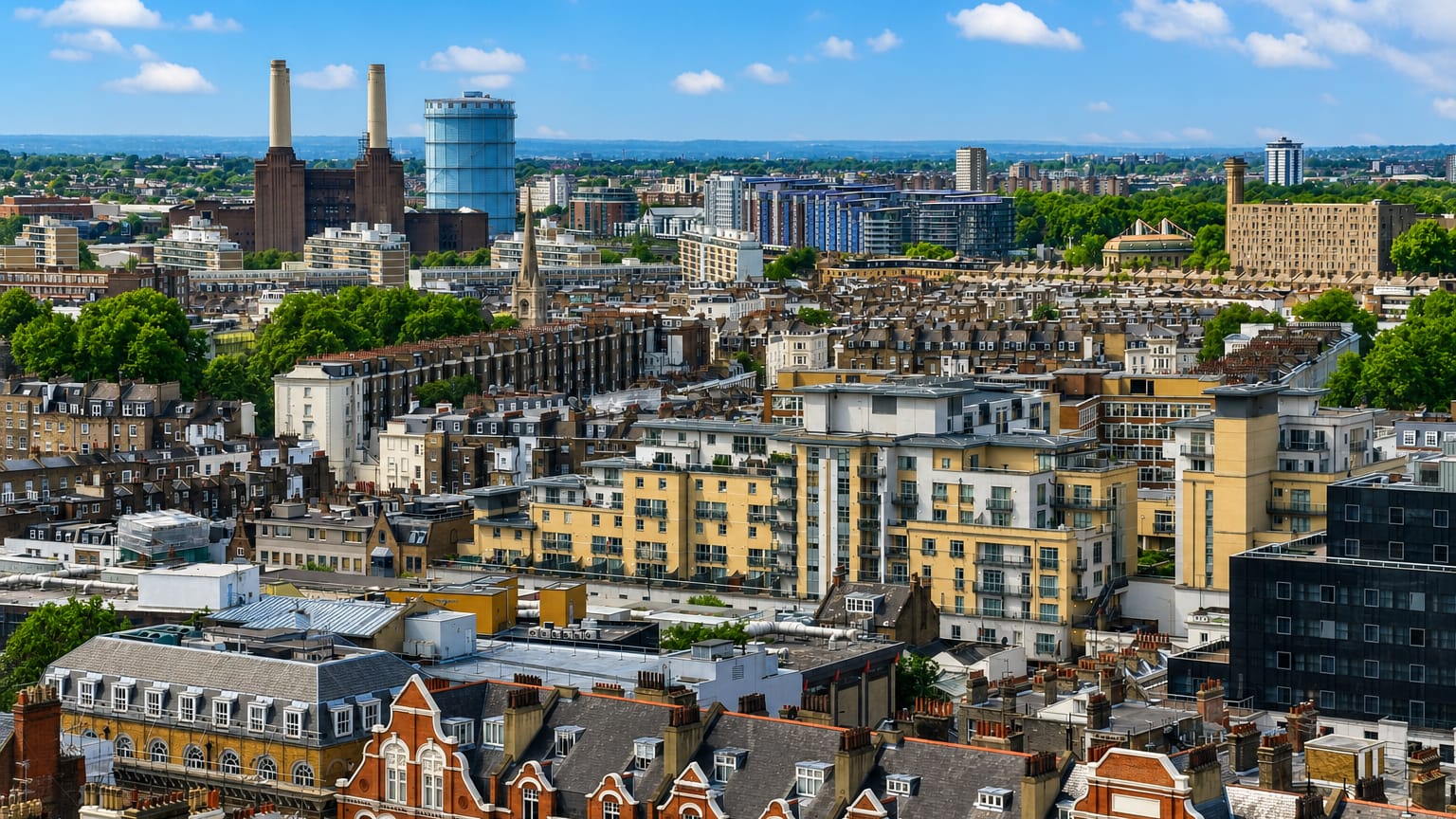 Aerial view over Pimlico rooftops toward Battersea Power Station's white chimneys under a blue sky, London