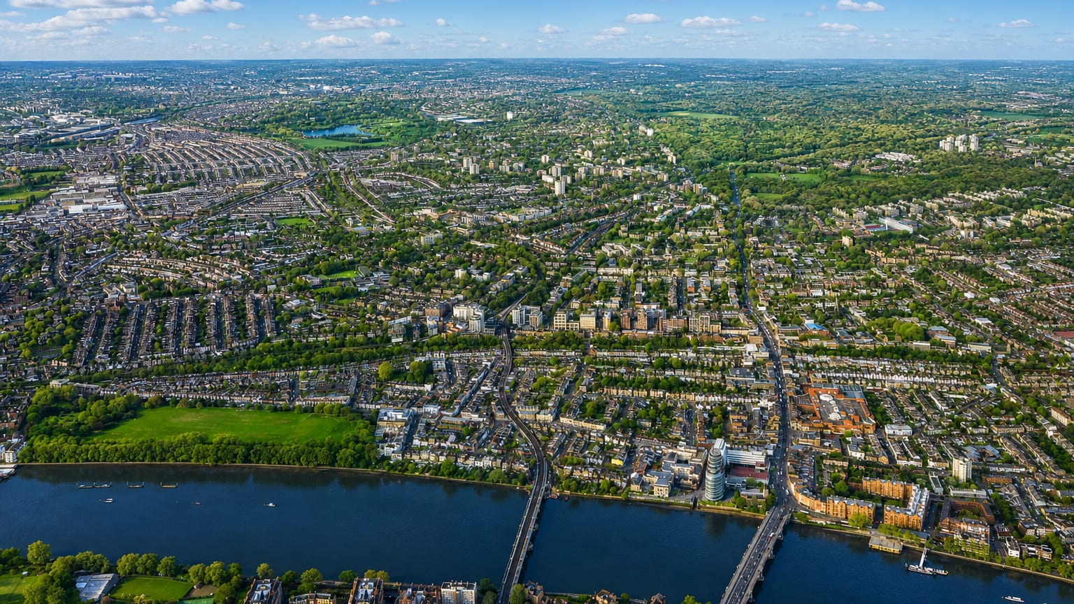 Aerial view of the River Thames at Putney with its bridge and surrounding streets and parkland.