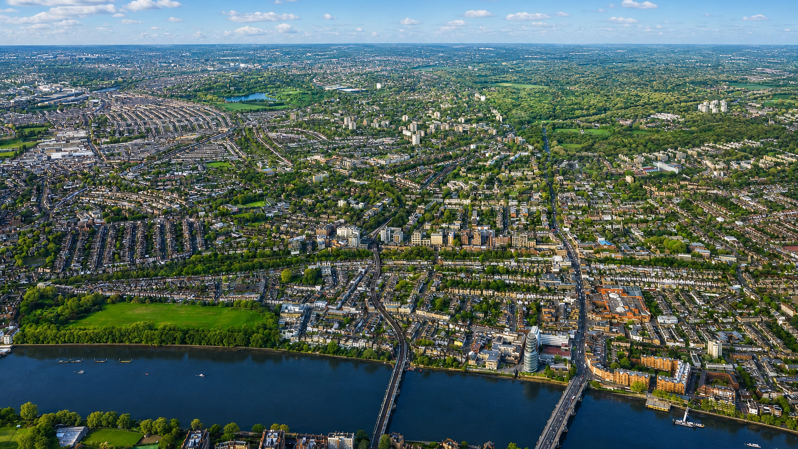 Aerial view of the River Thames at Putney with its bridge and surrounding streets and parkland.