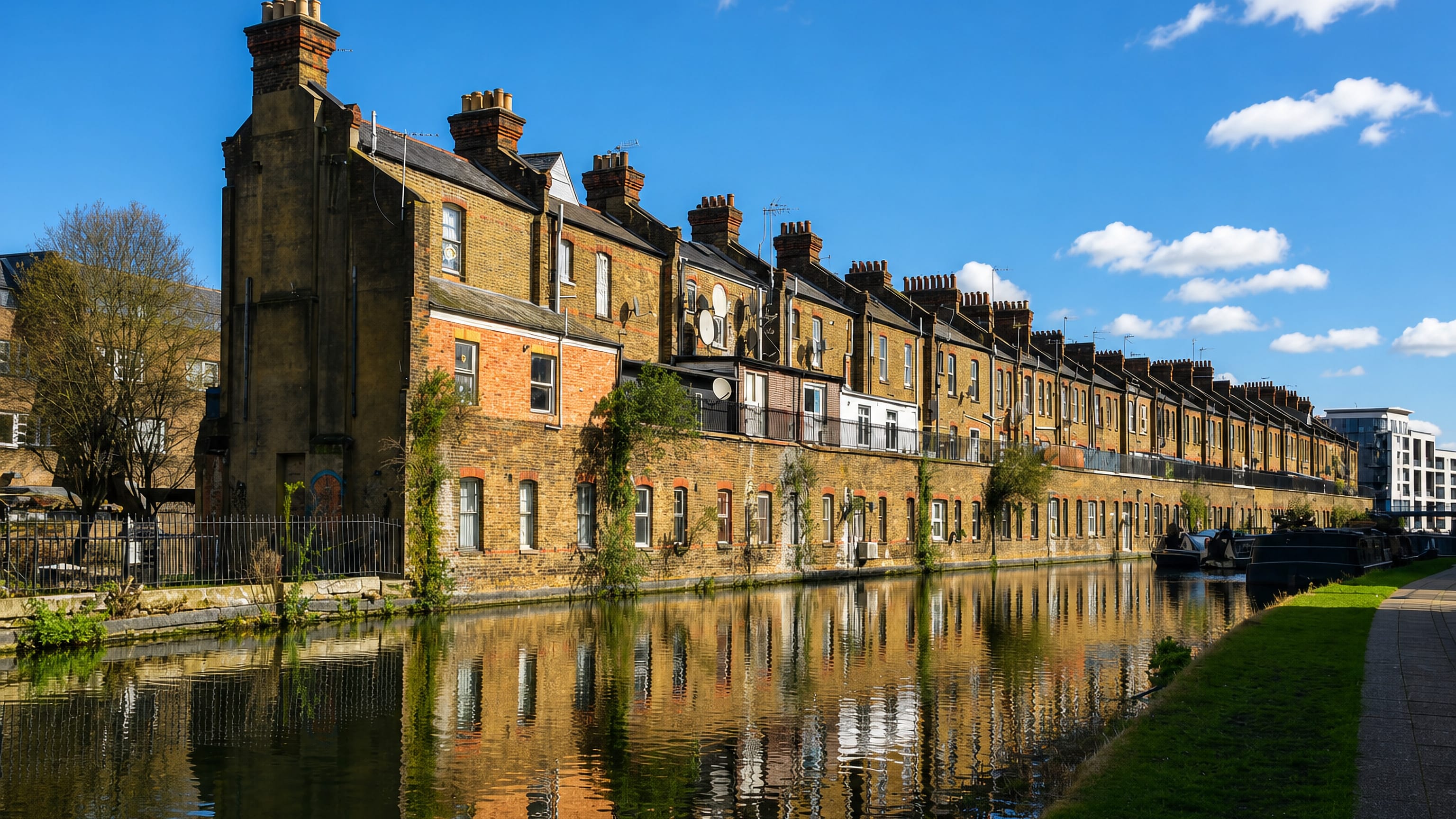 Victorian brick terraces reflected in the canal beside Queen's Park in northwest London, with narrowboats moored beyond.