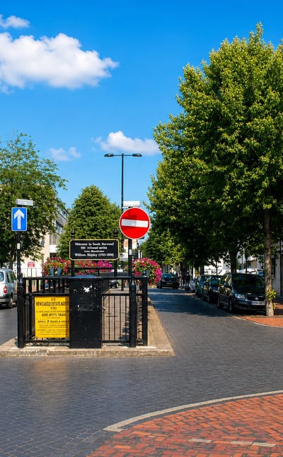 South Norwood high street with its clock-tower monument, shops and a brick-paved road.