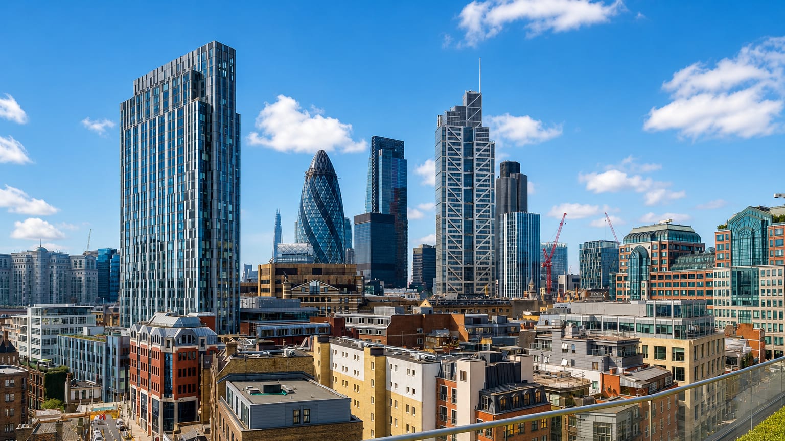 The City of London skyline with the Gherkin and Tower 42 seen from the edge of Spitalfields.