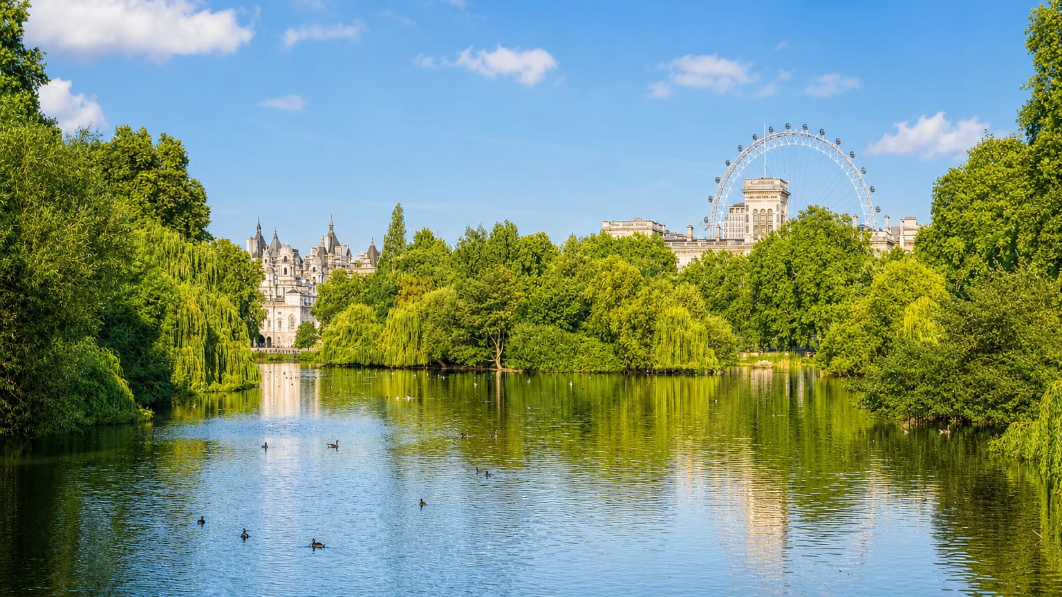 St James's Park lake in London with the London Eye and Horse Guards rooftops rising above the willow-lined banks