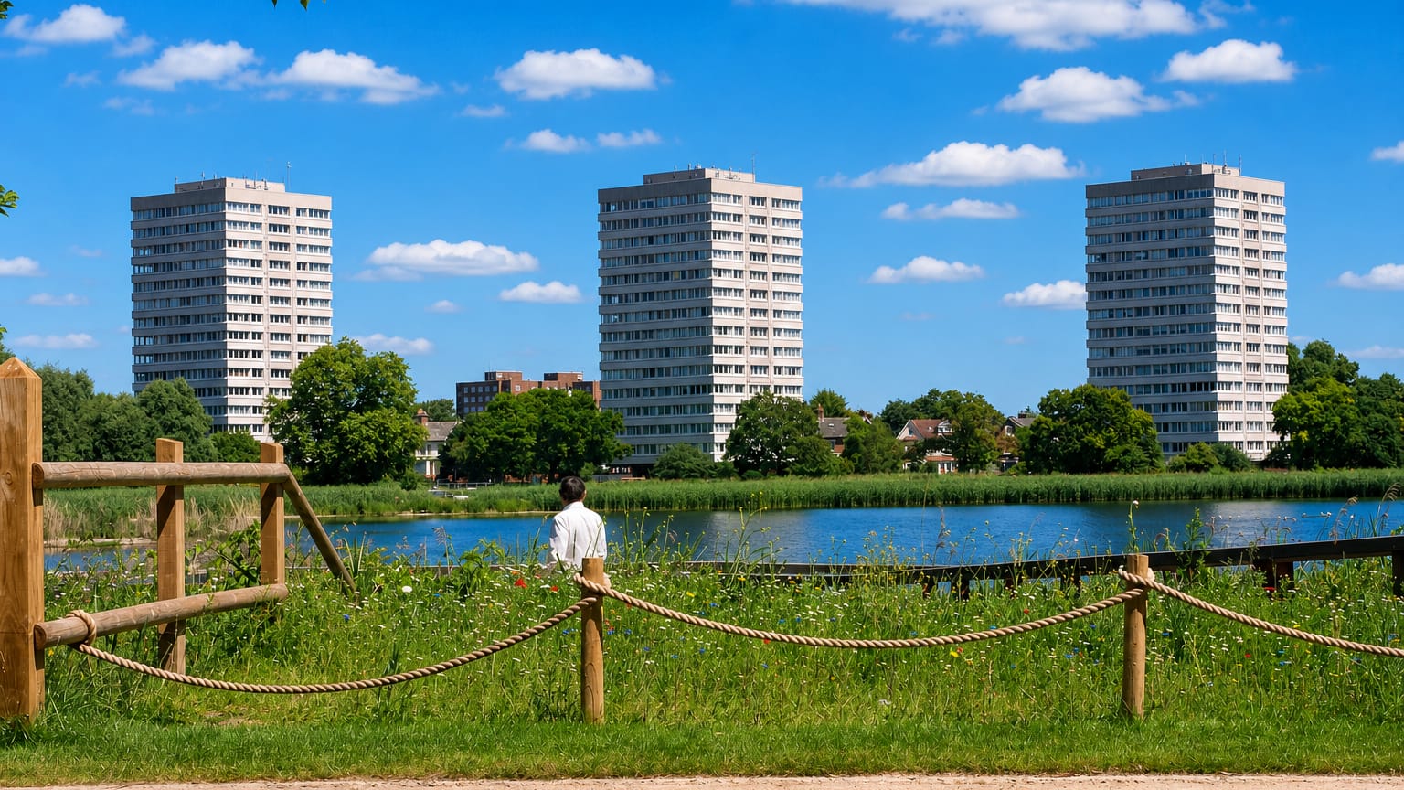 Three residential tower blocks overlooking a reservoir and wildflower meadow near Stamford Hill, London.