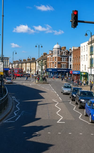 Tooting Broadway high street in London with a red double-decker bus, shops and a domed corner building