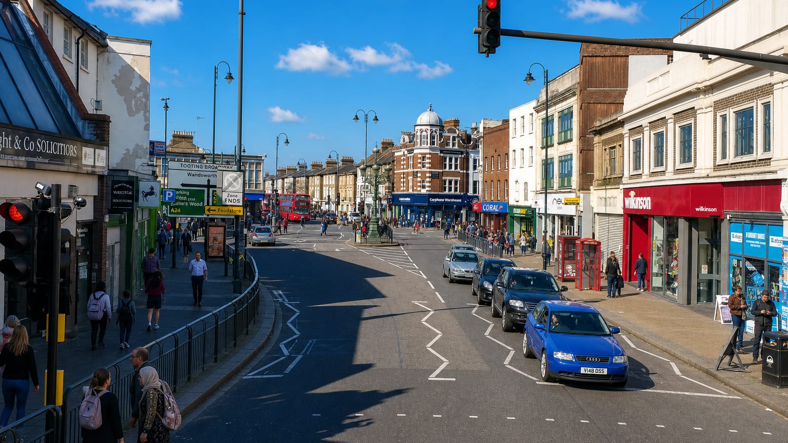 Tooting Broadway high street in London with a red double-decker bus, shops and a domed corner building