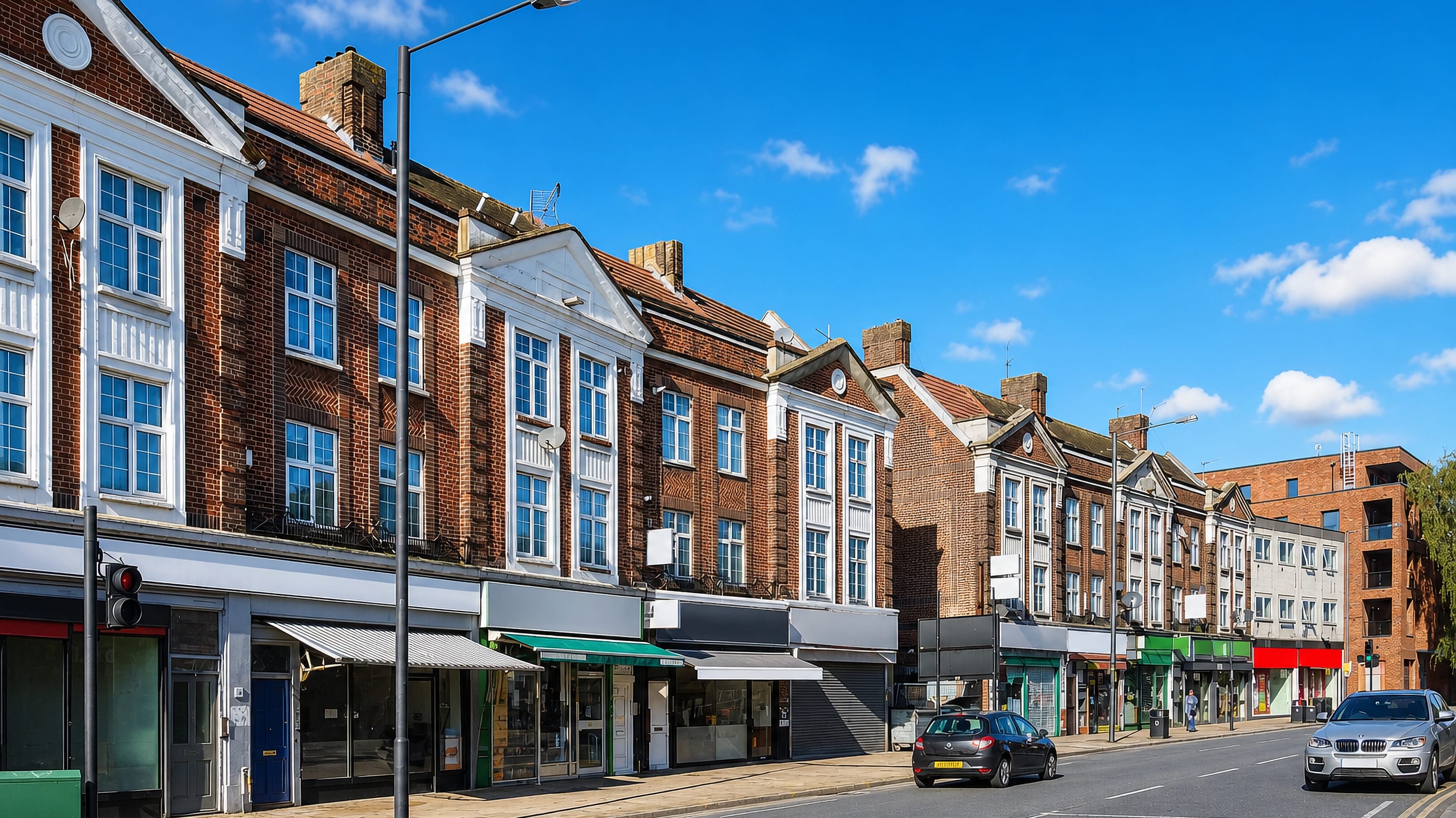 Edwardian brick shop parades lining the high street in Wealdstone, north-west London.