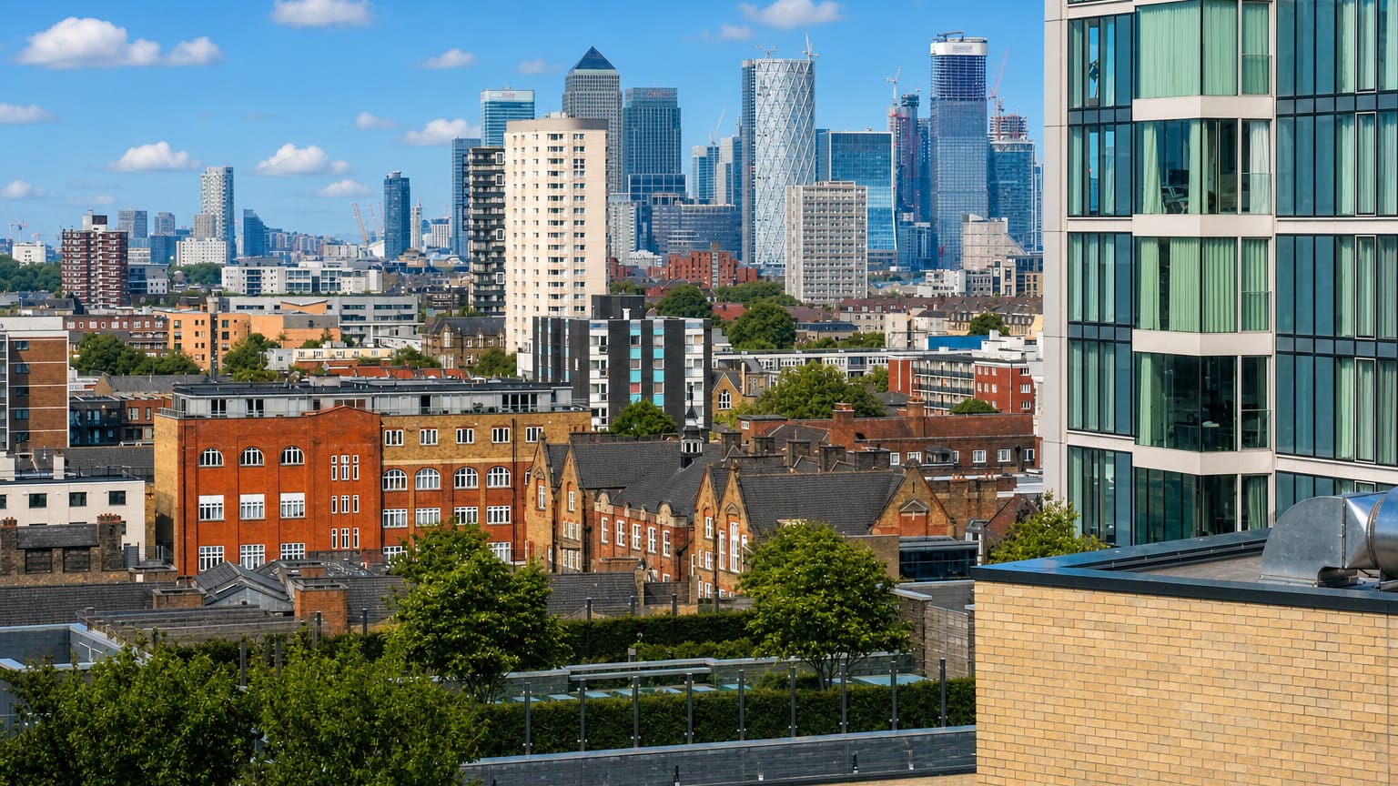 Victorian brick terraces in Whitechapel with the Canary Wharf and City of London towers rising behind.