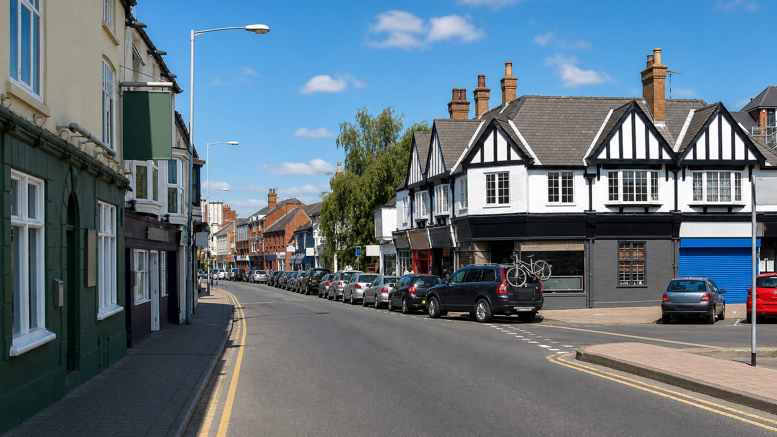 Mock-Tudor shopfronts and parked cars along a sunny high street in Loughborough, Leicestershire.