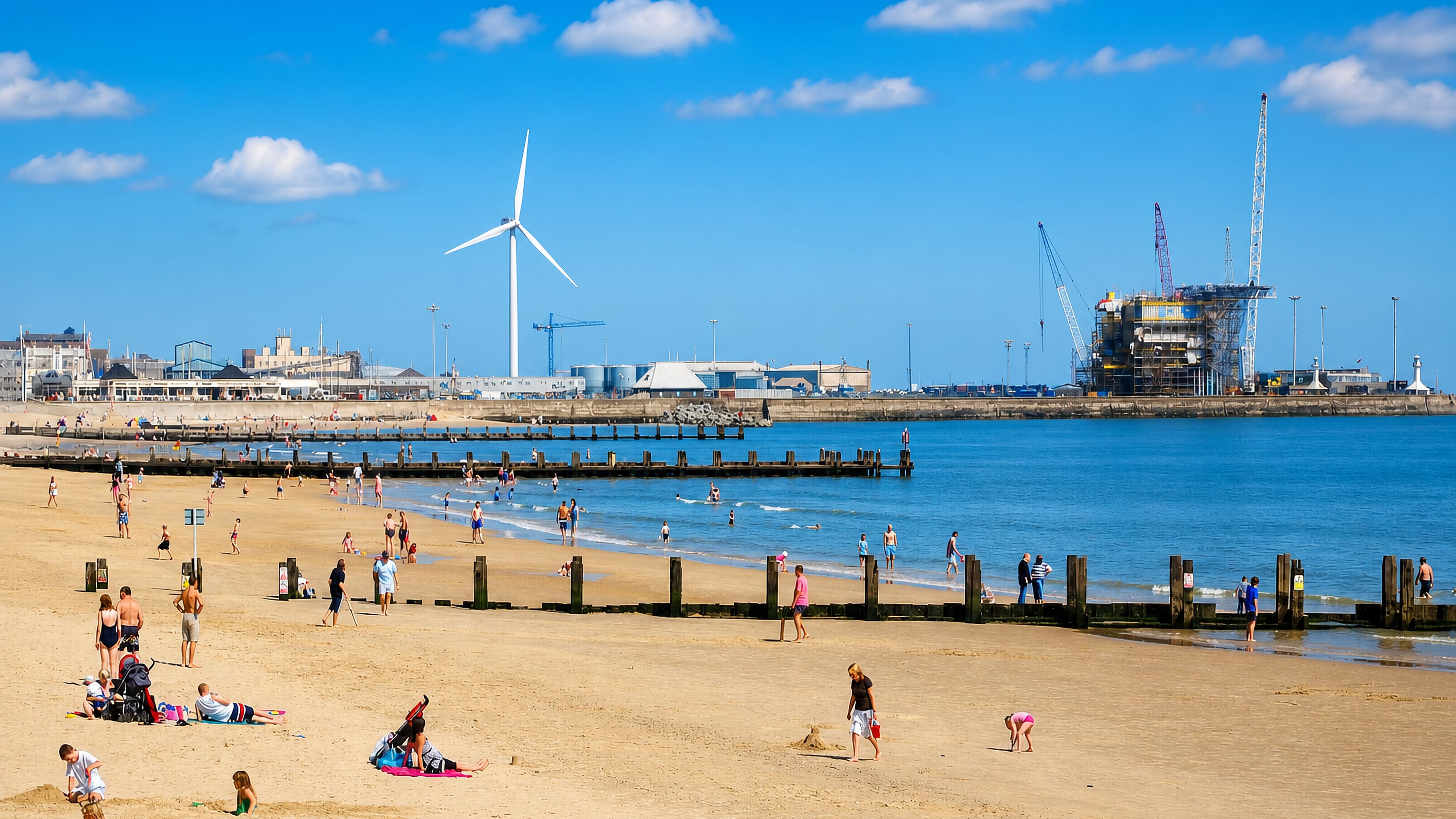 Lowestoft's sandy beach and groynes with the port's wind turbine and an offshore rig beyond, Suffolk.
