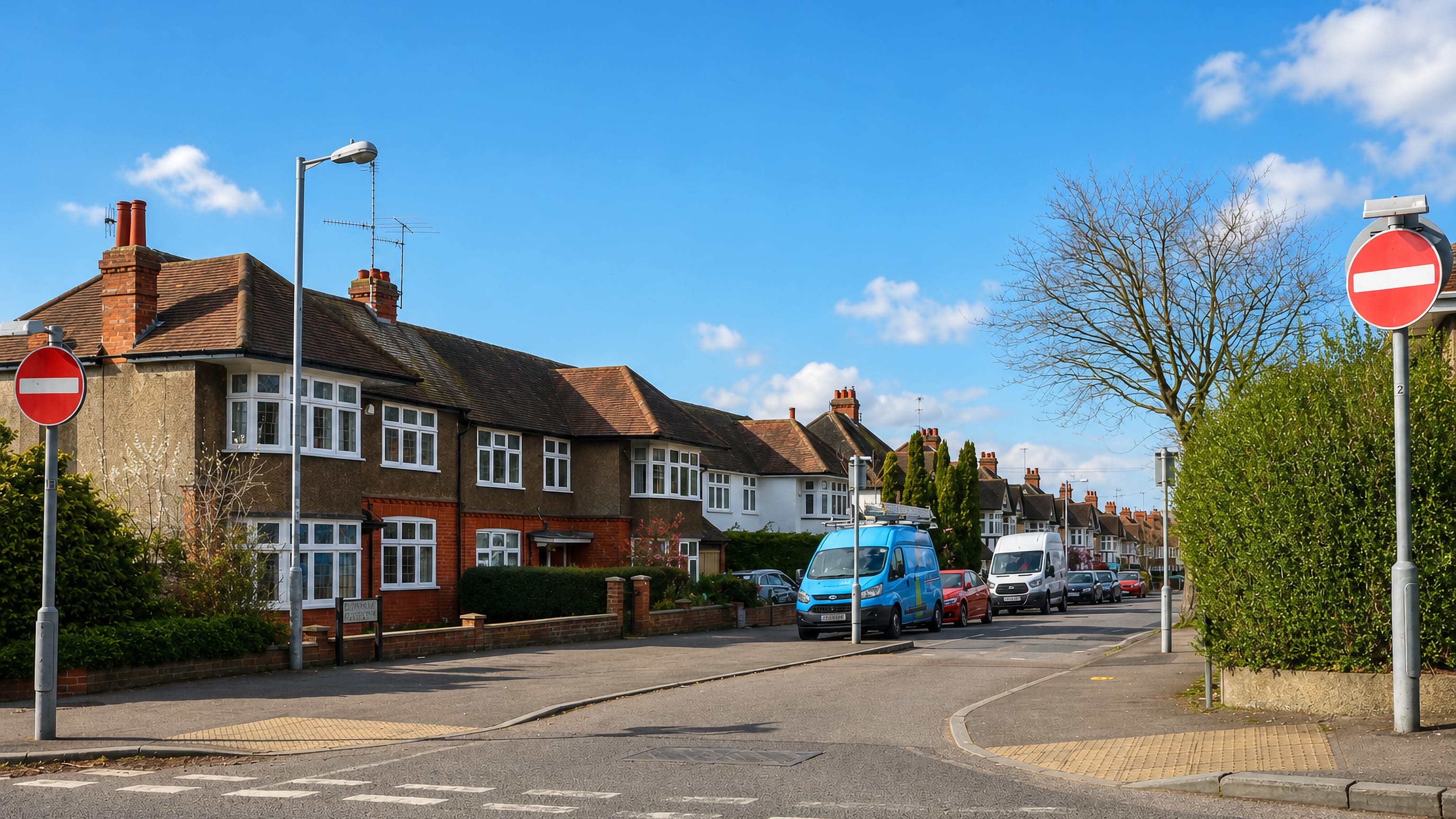 Interwar semi-detached houses along a residential street junction in Round Green, Luton