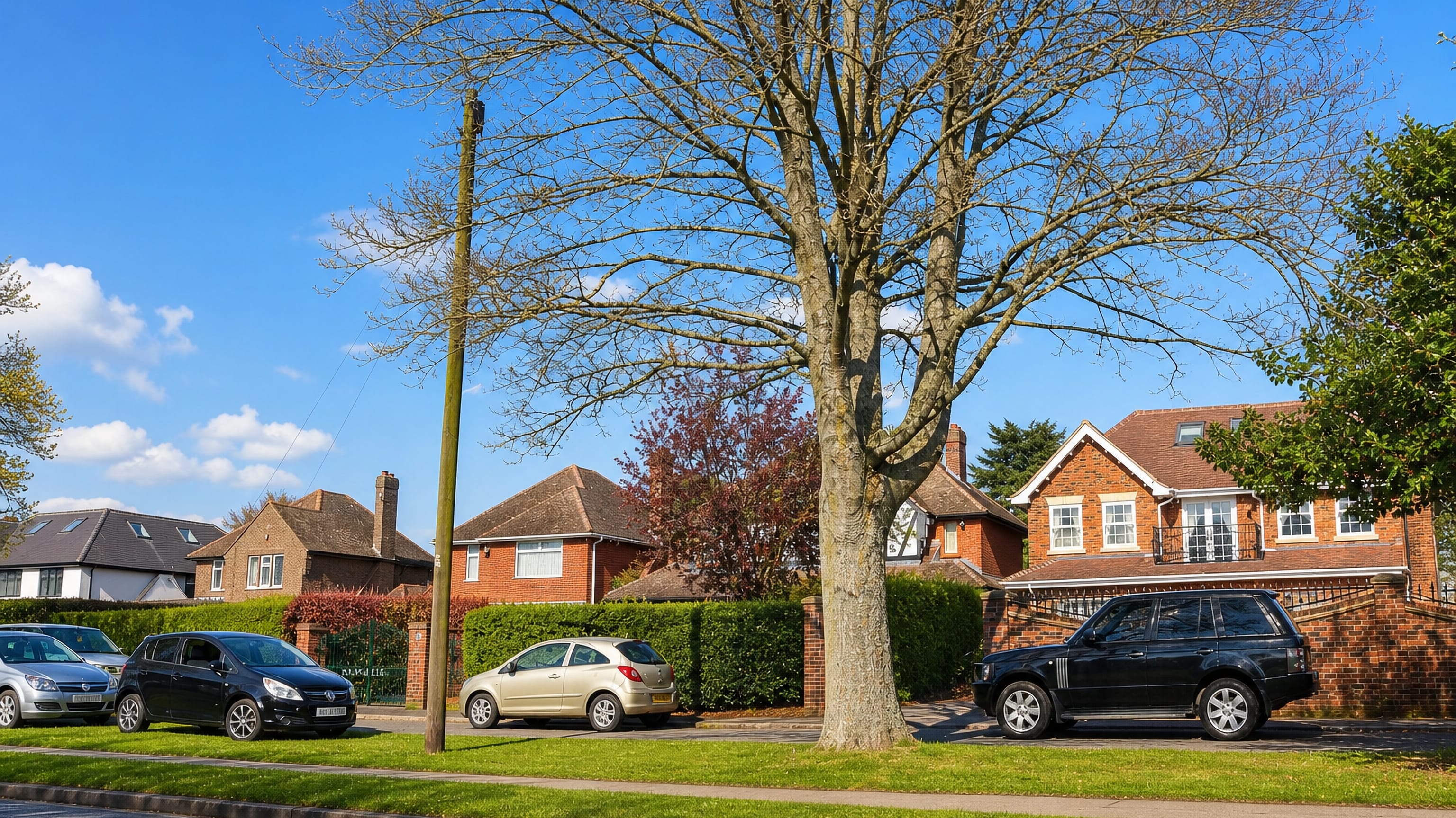 Detached brick houses, hedges and parked cars along a wide verge-lined road in Warden Hill, Luton.