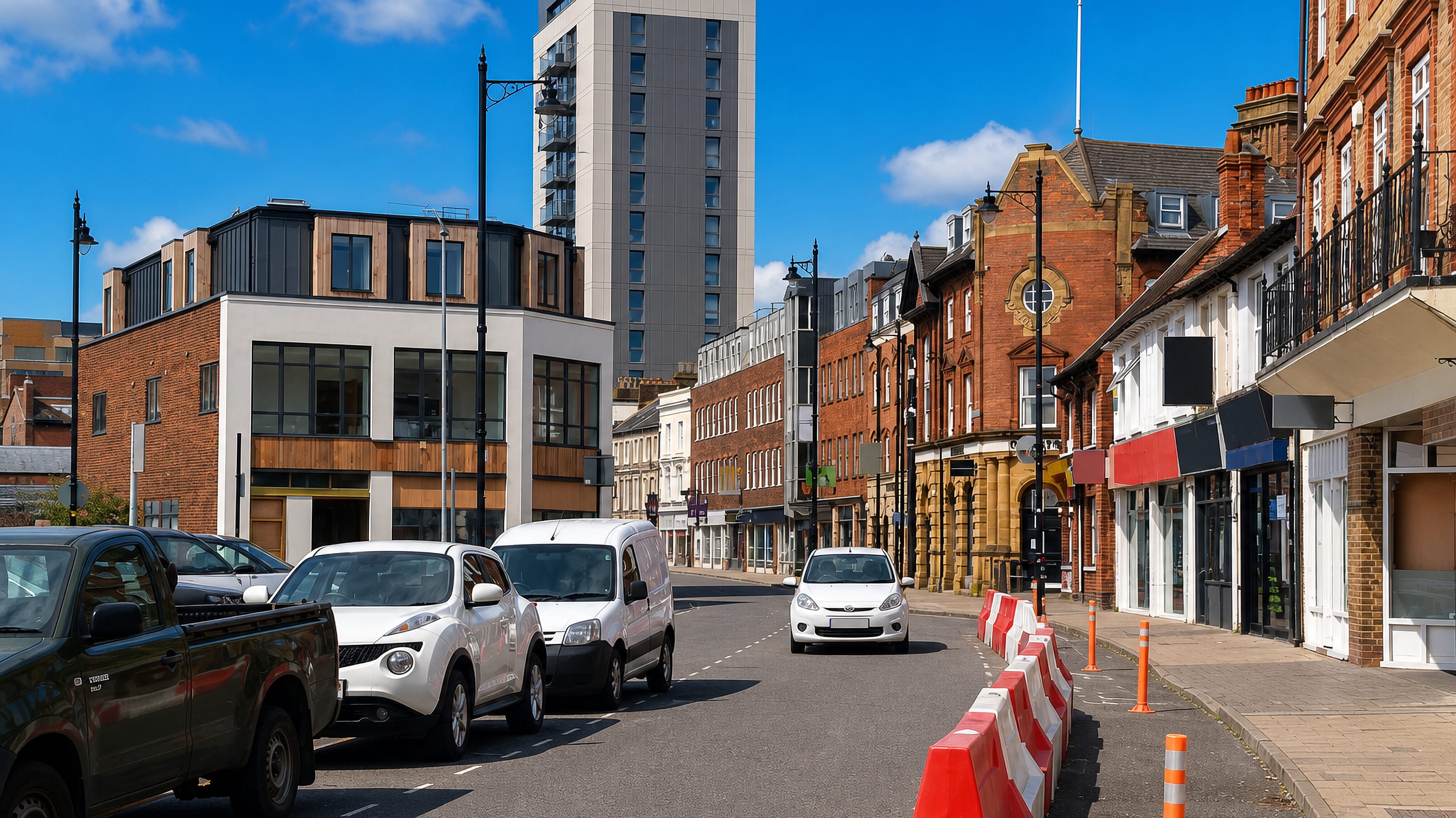Maidenhead high street in England, lined with red-brick Victorian shopfronts below a modern residential tower.
