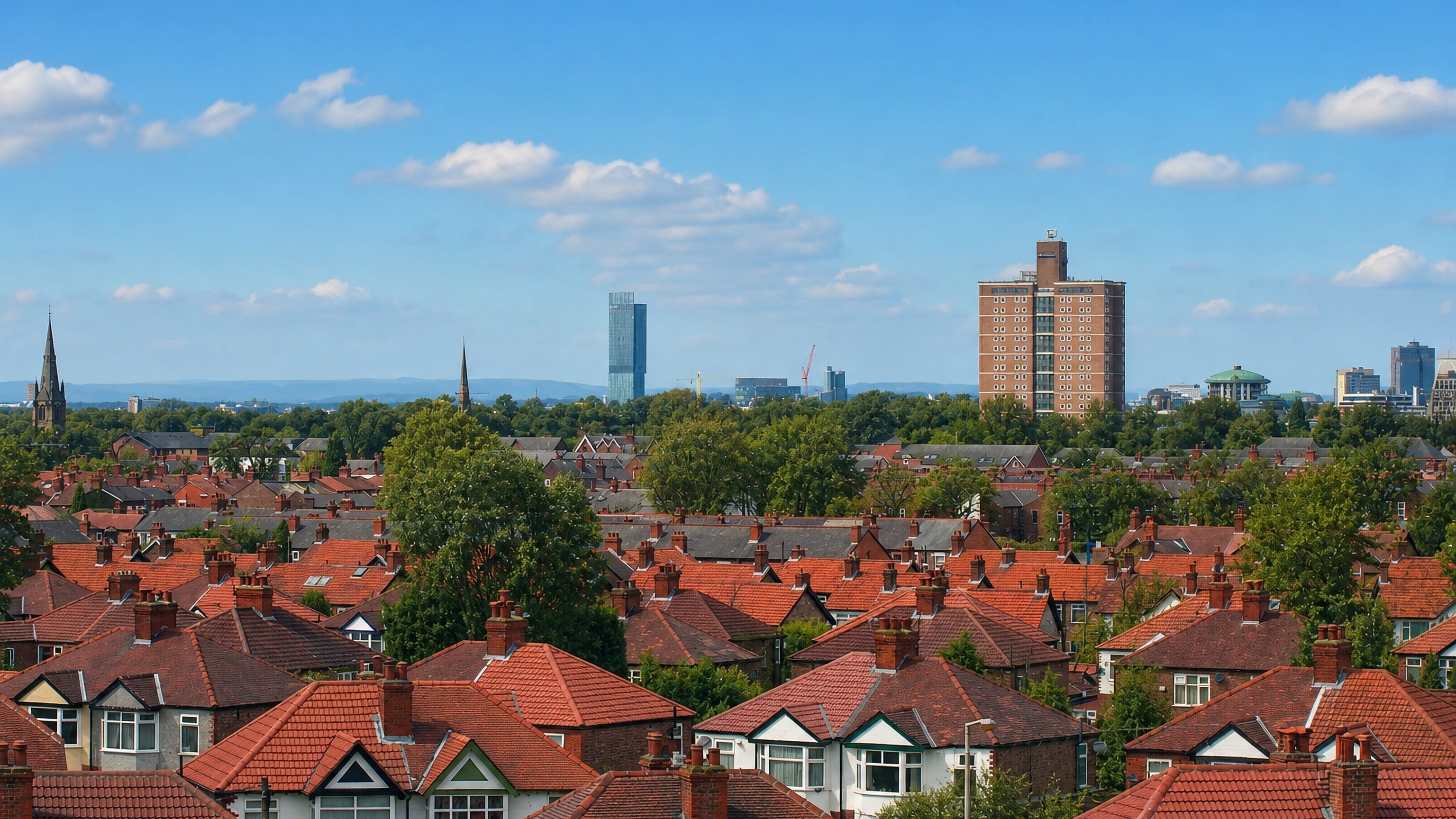 Red-tiled suburban rooftops of Burnage with Manchester's city towers on the skyline beyond.