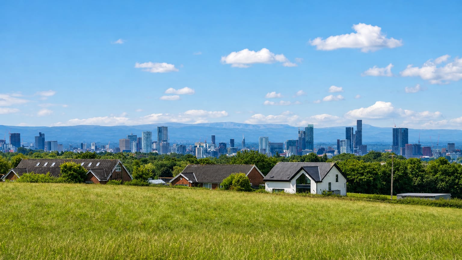 Manchester's cluster of skyscrapers on the horizon beyond a green meadow and suburban houses.