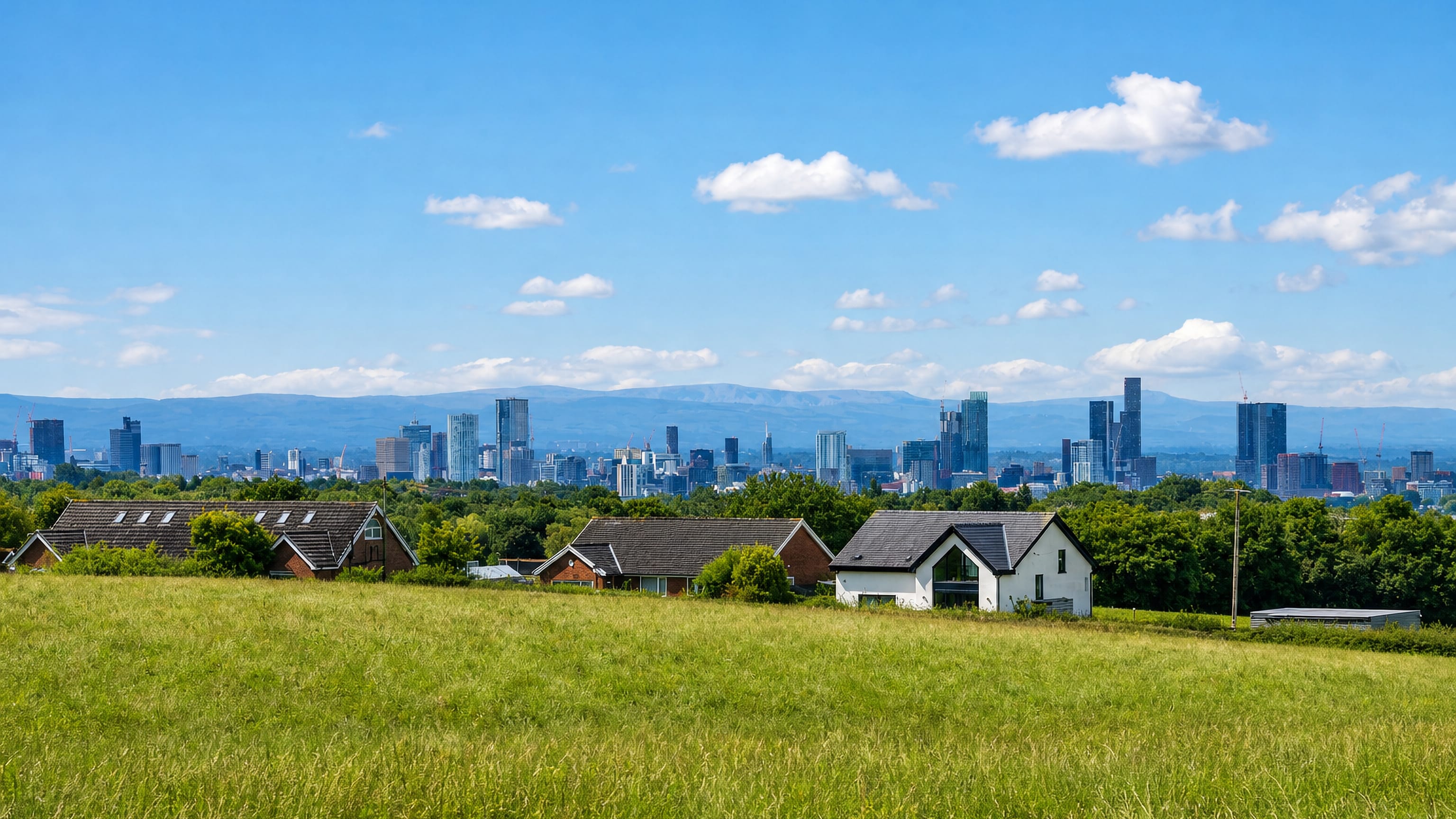 Manchester's cluster of skyscrapers on the horizon beyond a green meadow and suburban houses.