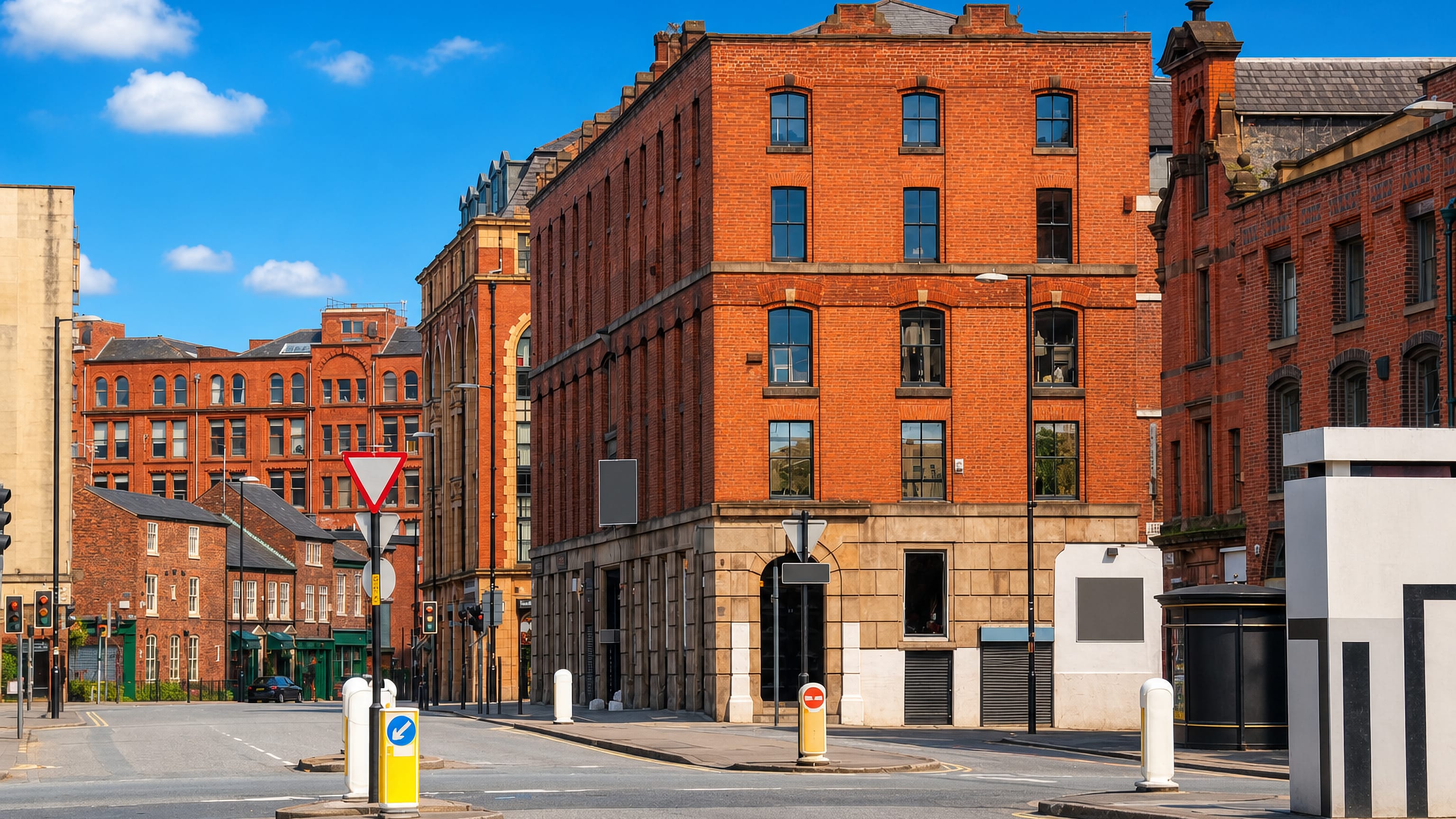 Red-brick Victorian warehouses on a quiet street corner in Manchester's Northern Quarter under a clear blue sky.
