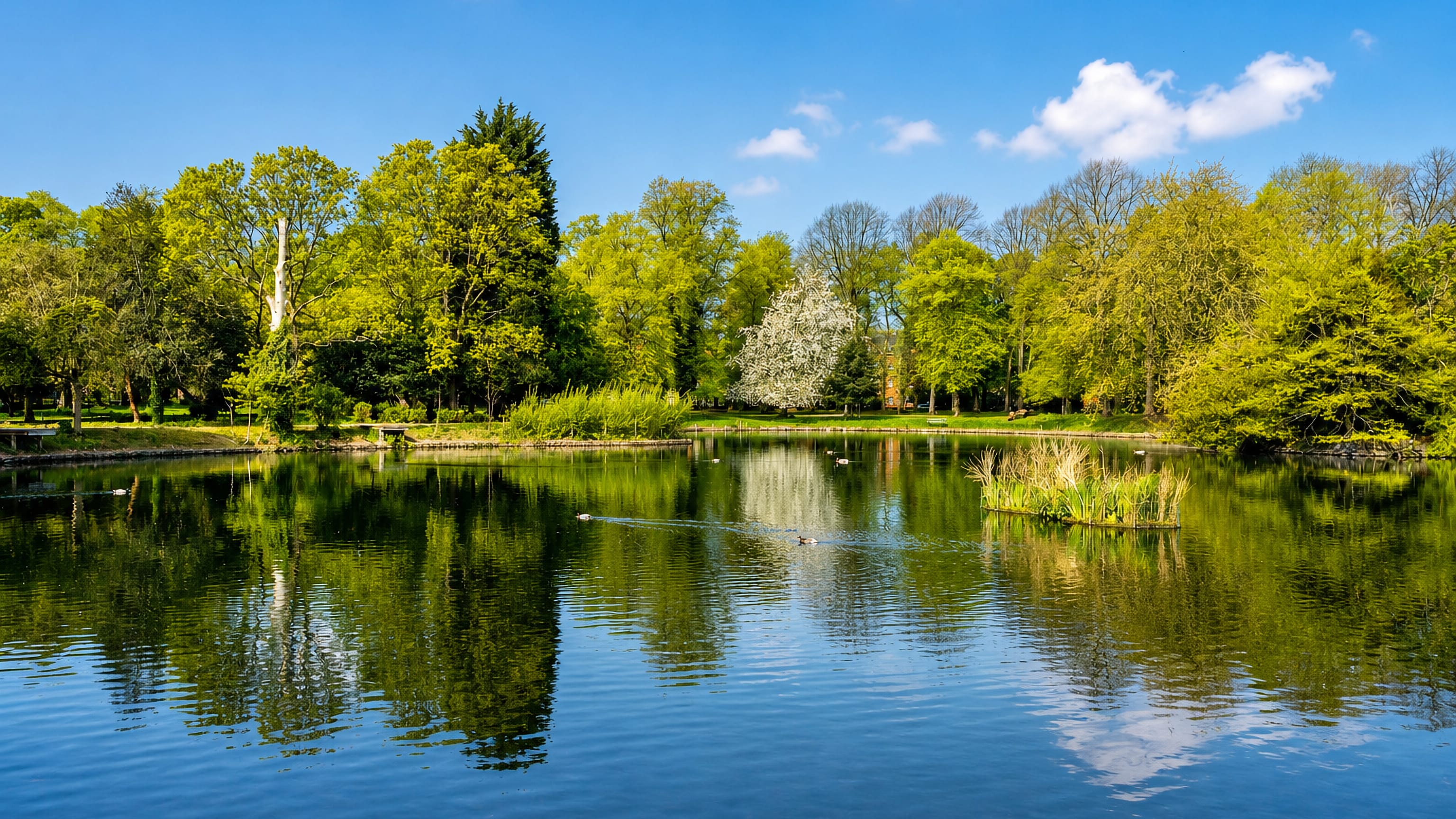 A tree-fringed park lake reflecting spring foliage in Whalley Range, Manchester.