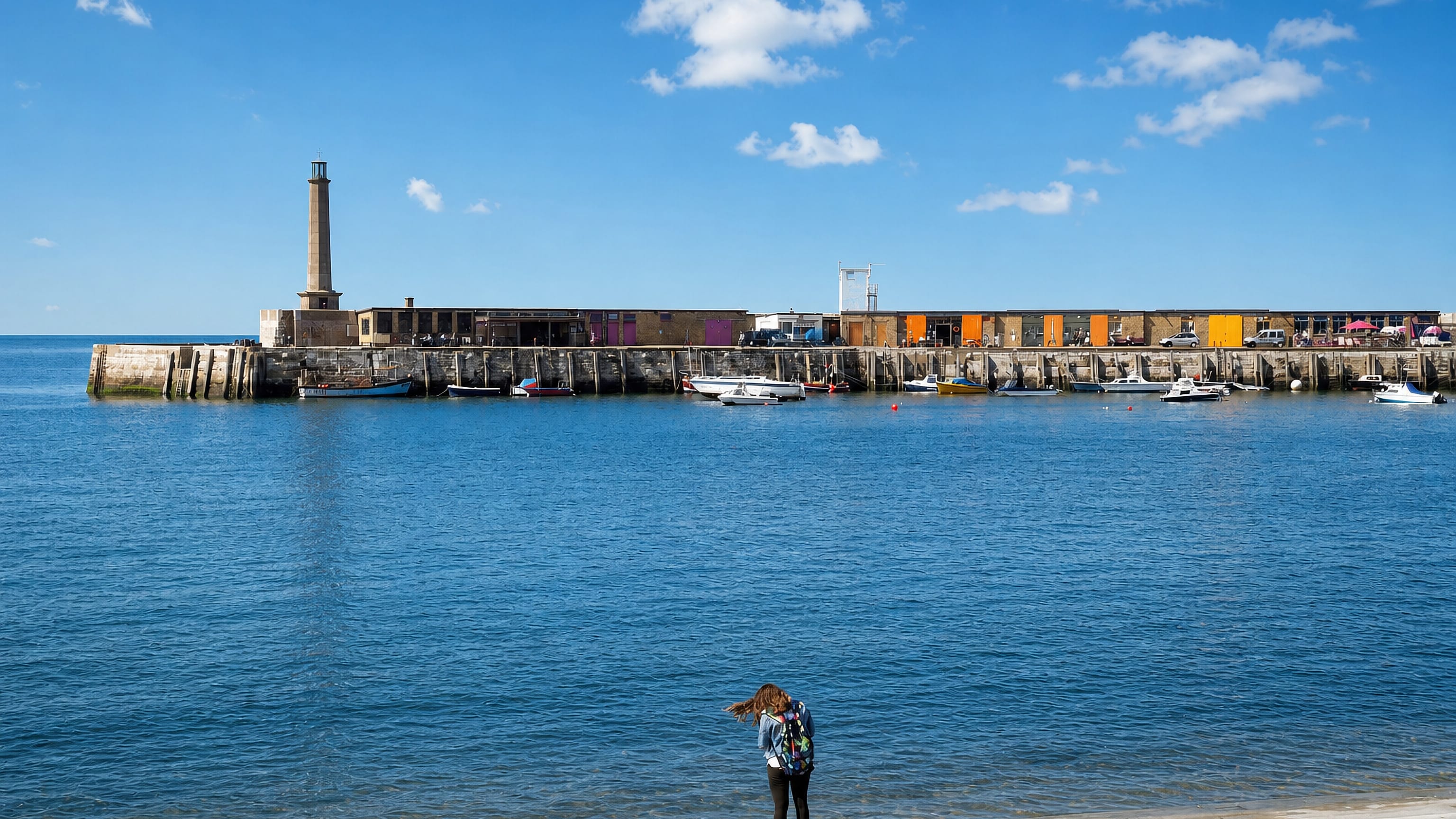 Margate's harbour arm with its lighthouse and colourful units across the bay in Kent, England.