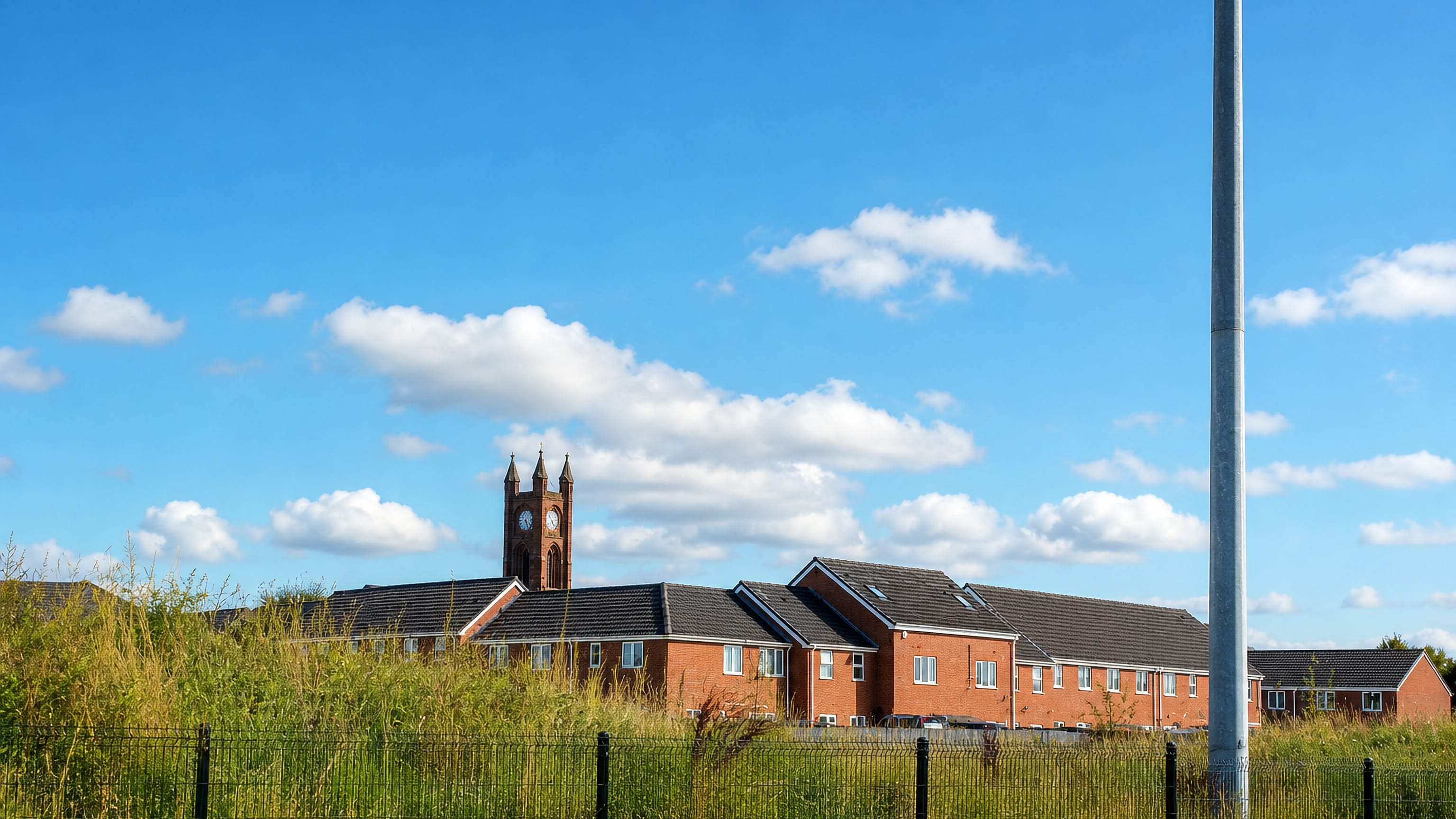 Brick terraced housing and a clock-tower church seen across open ground in North Ormesby, Middlesbrough.