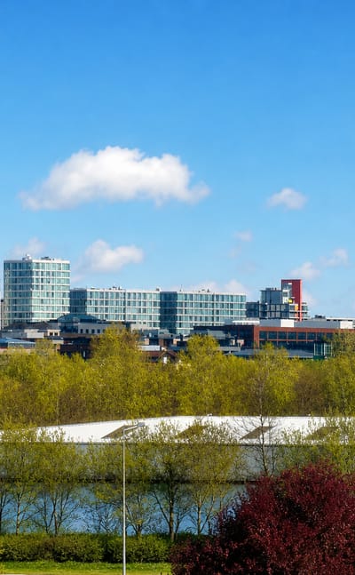 Modern glass office buildings of central Milton Keynes rise beyond parkland trees and a lake.
