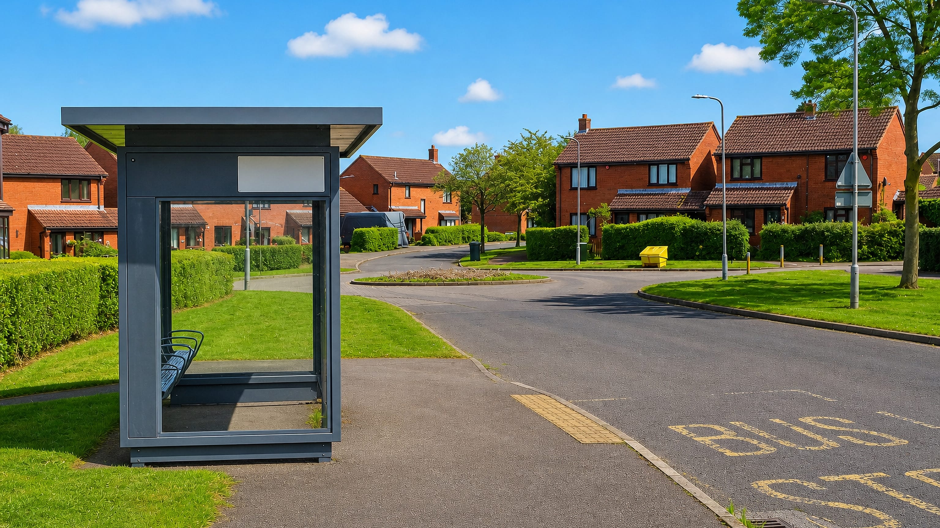 A bus stop and brick houses on a residential estate street in Furzton, Milton Keynes.
