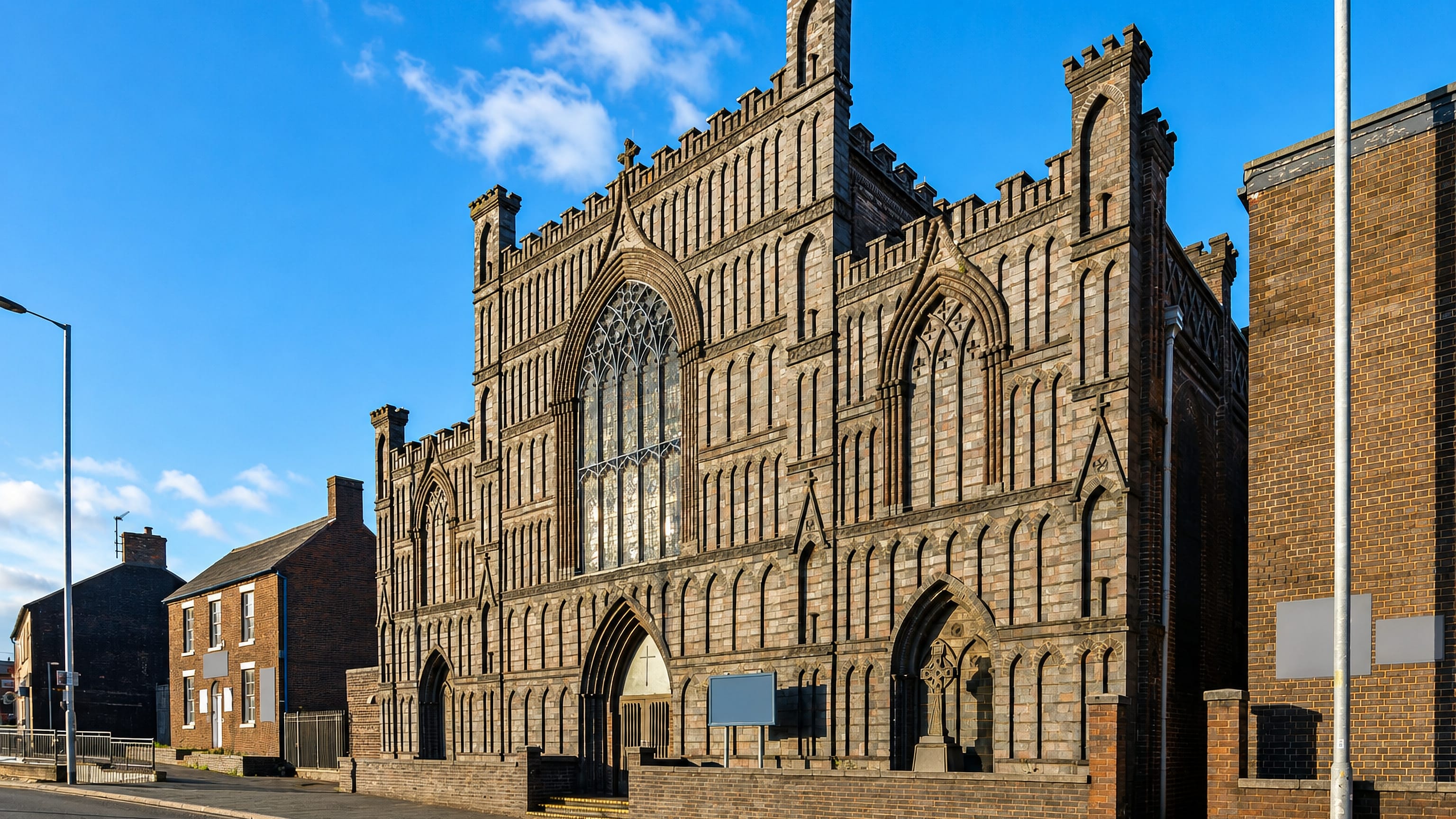 Gothic revival stone church front rising above a brick-terraced street in Newcastle-under-Lyme, Staffordshire.