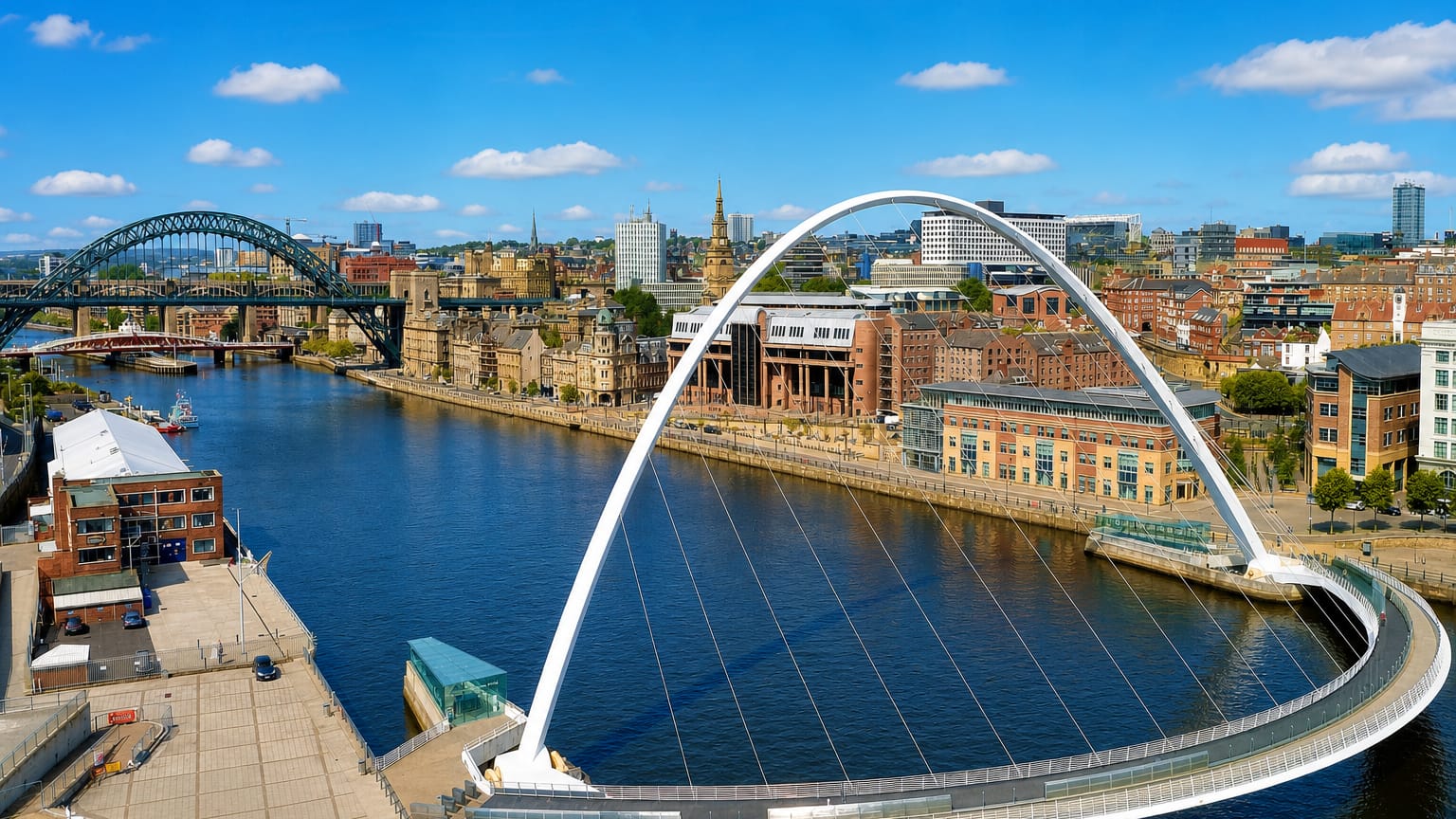 The Gateshead Millennium and Tyne bridges arching over the River Tyne along Newcastle upon Tyne's quayside.