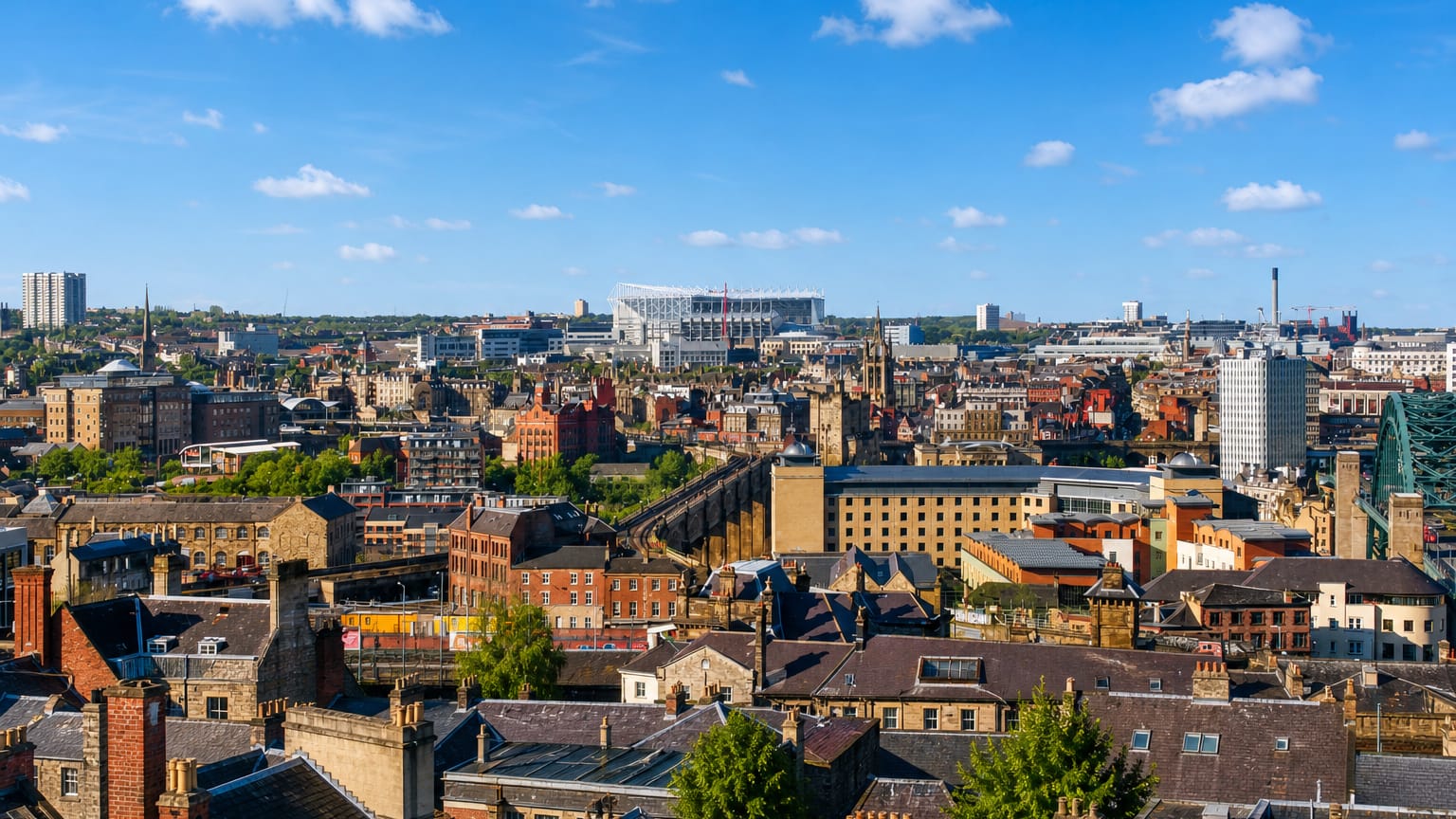 Rooftop view across Newcastle city centre with St James' Park stadium on the skyline