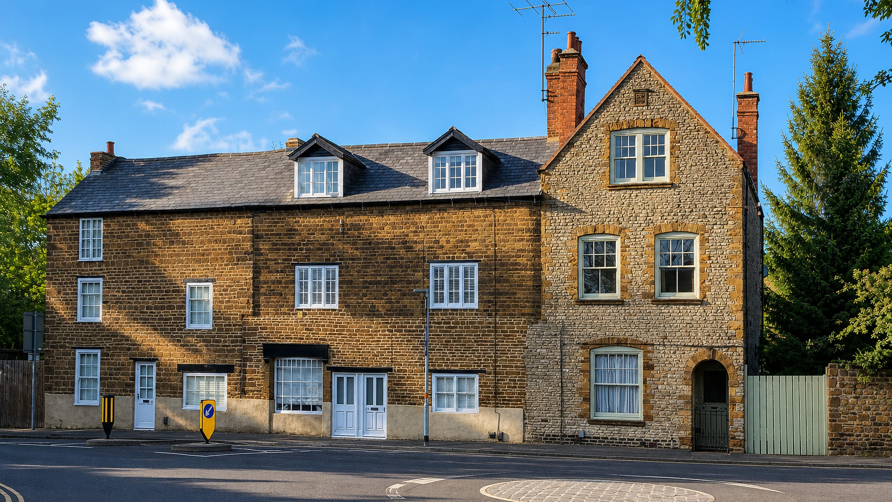 Honey-coloured ironstone cottages on a quiet corner in Duston, Northampton.