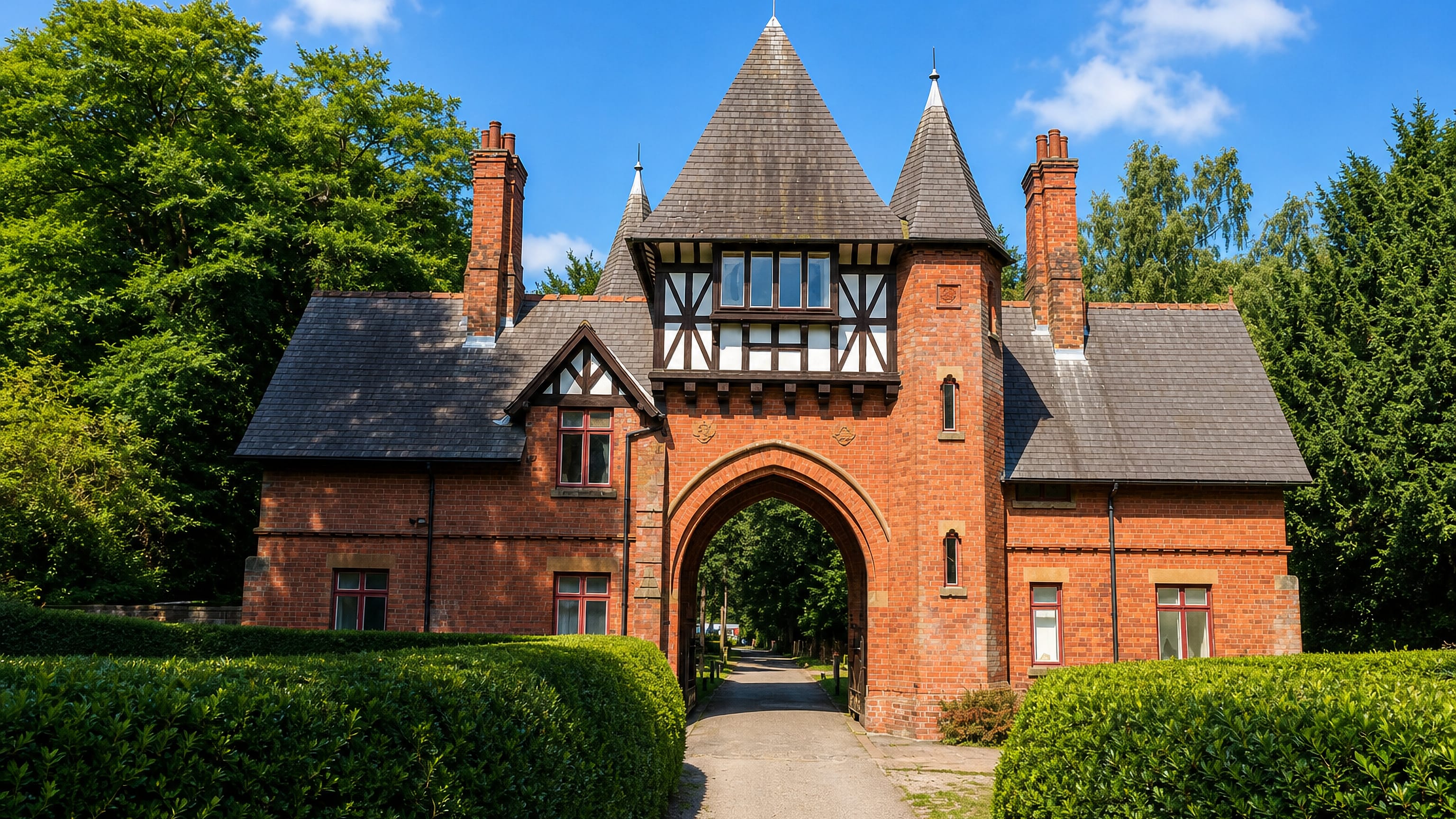 Victorian red-brick gatehouse with a pointed arch and tiled turret at Bestwood on the edge of Nottingham.
