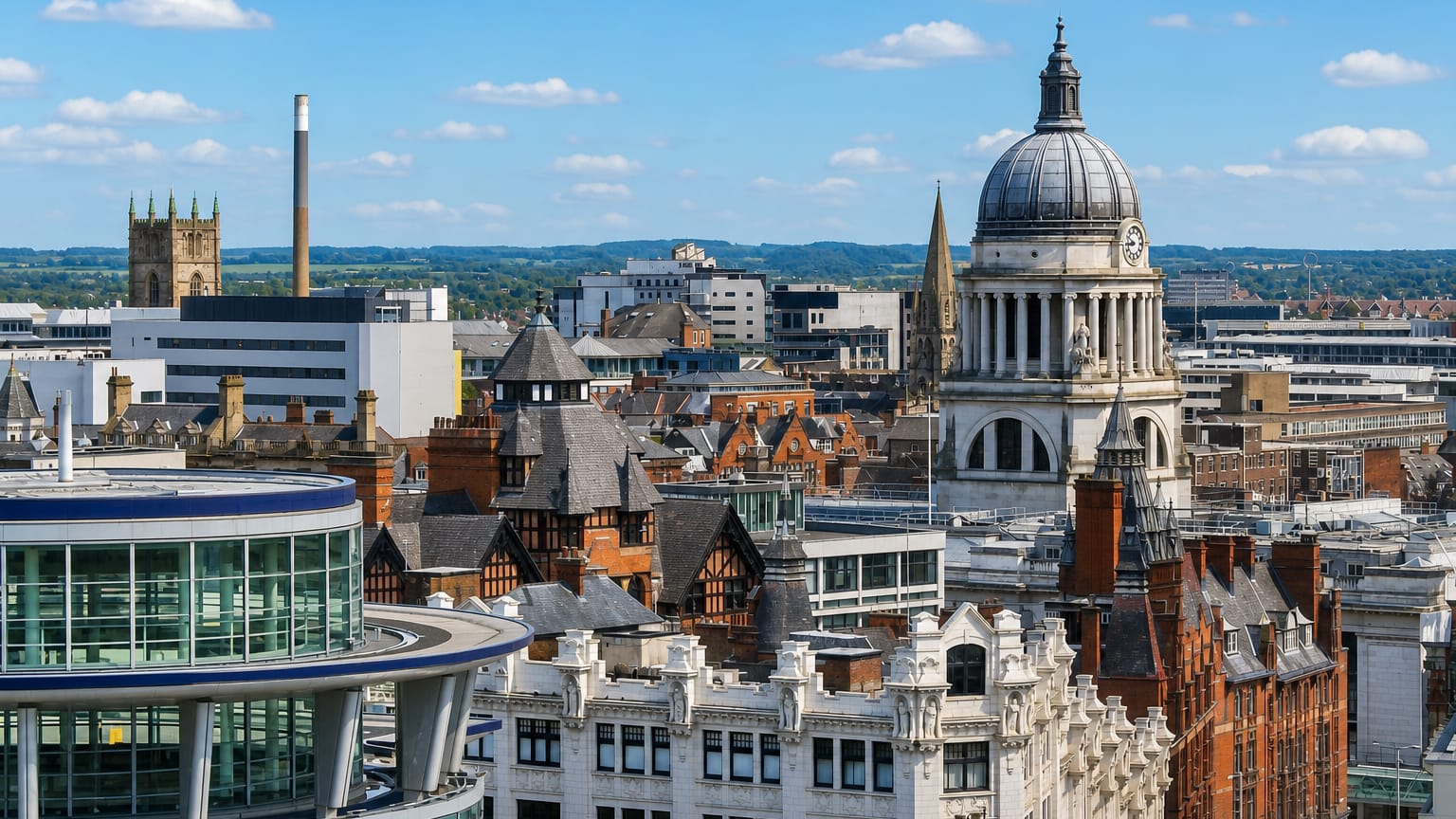 Nottingham's city centre with the domed Council House rising above red-brick rooftops under a blue sky
