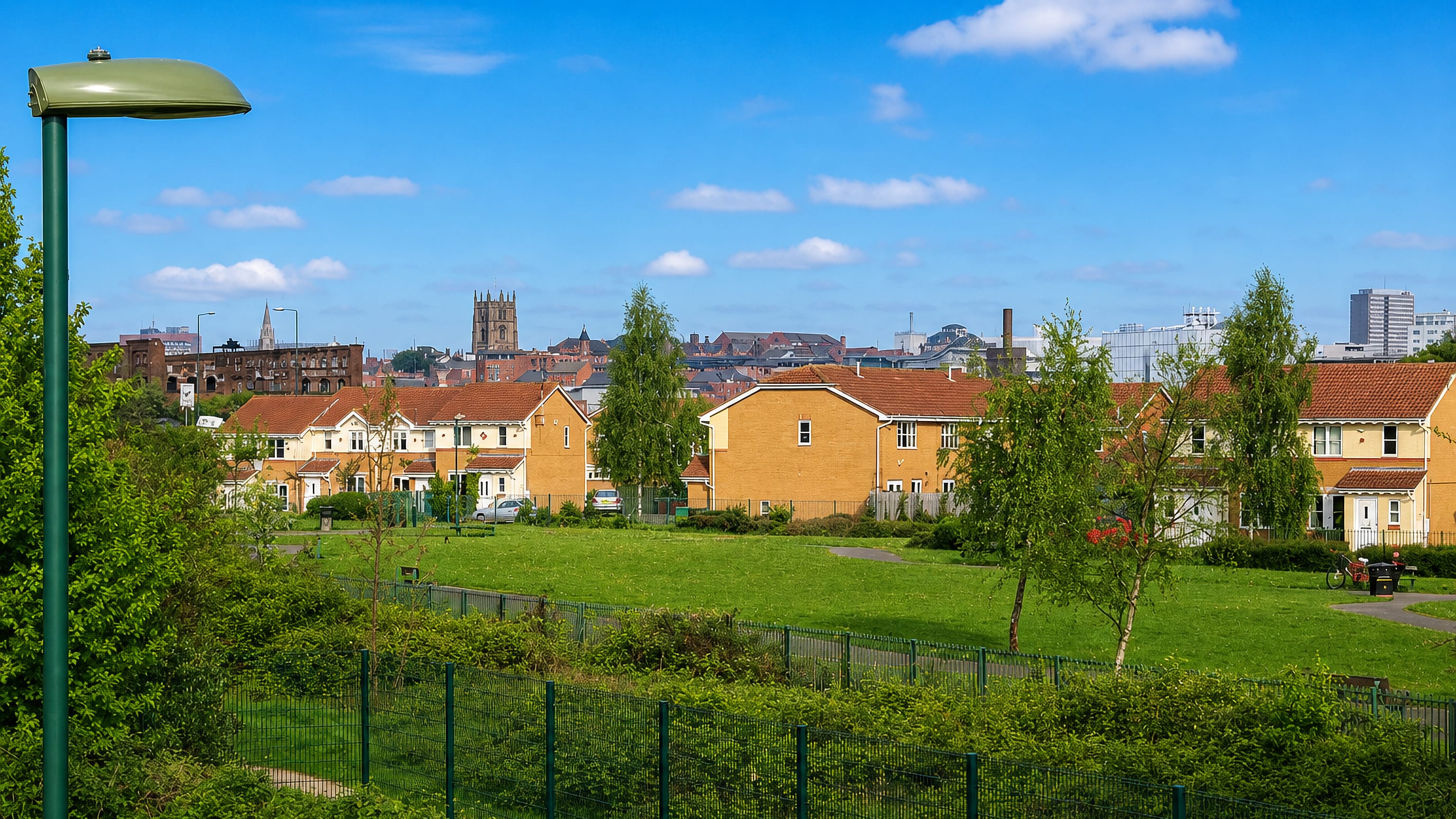 Brick housing and green space in Sneinton, Nottingham, with the city centre skyline on the horizon.