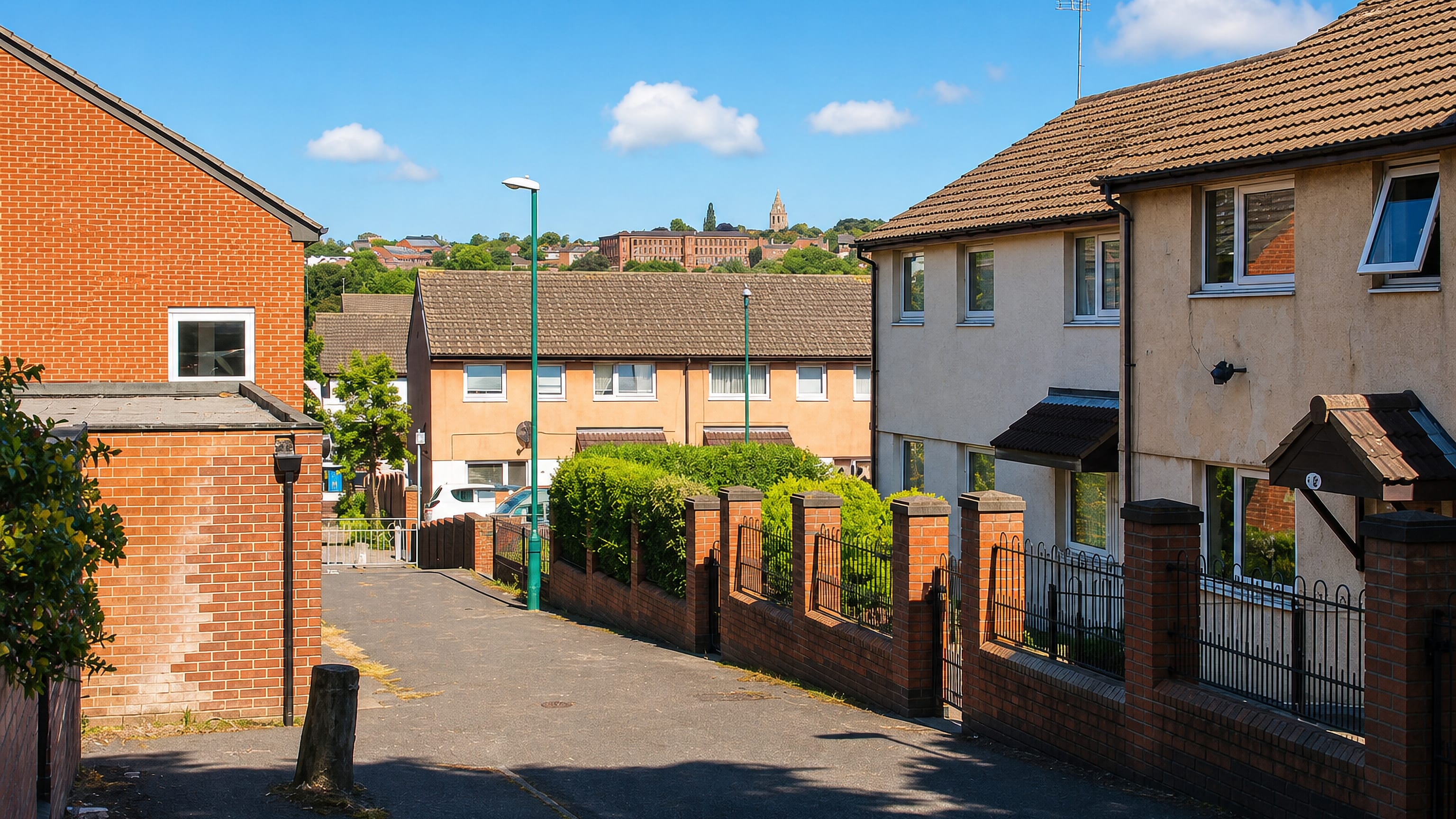 Red-brick terraced houses on a sloping lane in St Ann's, Nottingham, with the city skyline beyond.
