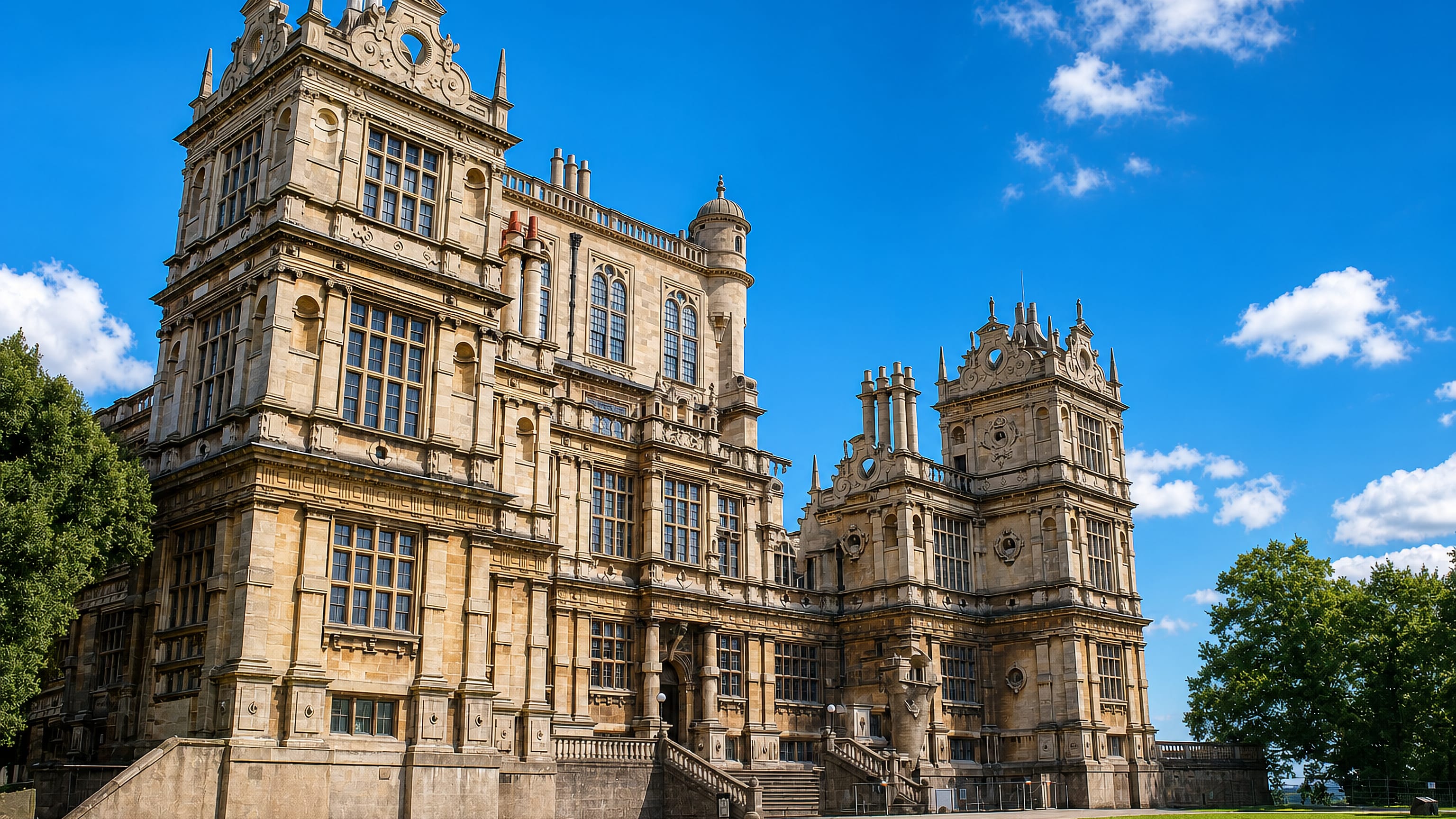 Wollaton Hall, the Elizabethan mansion at the heart of Wollaton, Nottingham, under a clear summer sky.