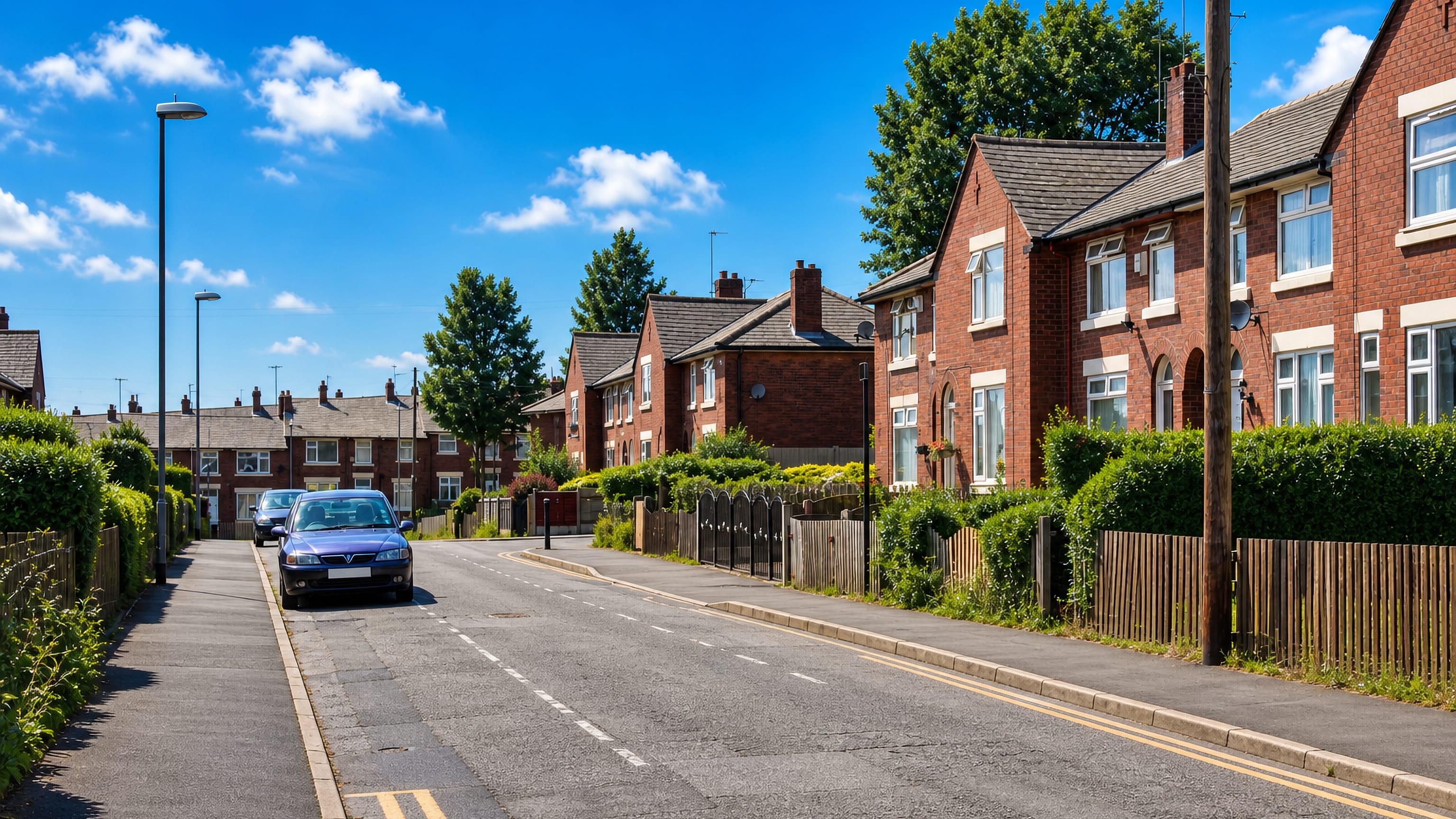 Sunlit street of red-brick semi-detached houses with hedges and parked cars in Hathershaw, Oldham.