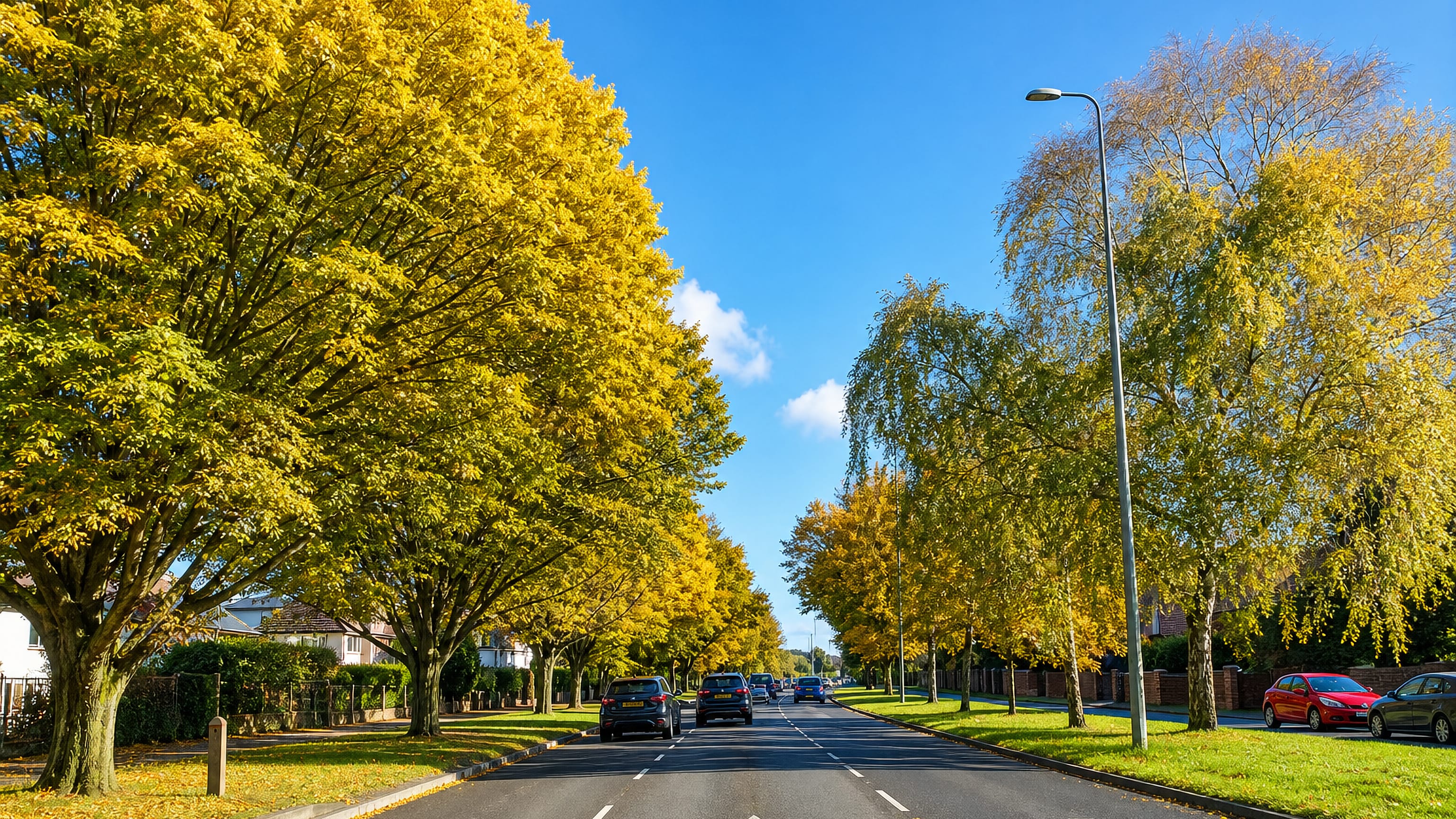 Autumn trees lining a broad suburban road through Cutteslowe in north Oxford.