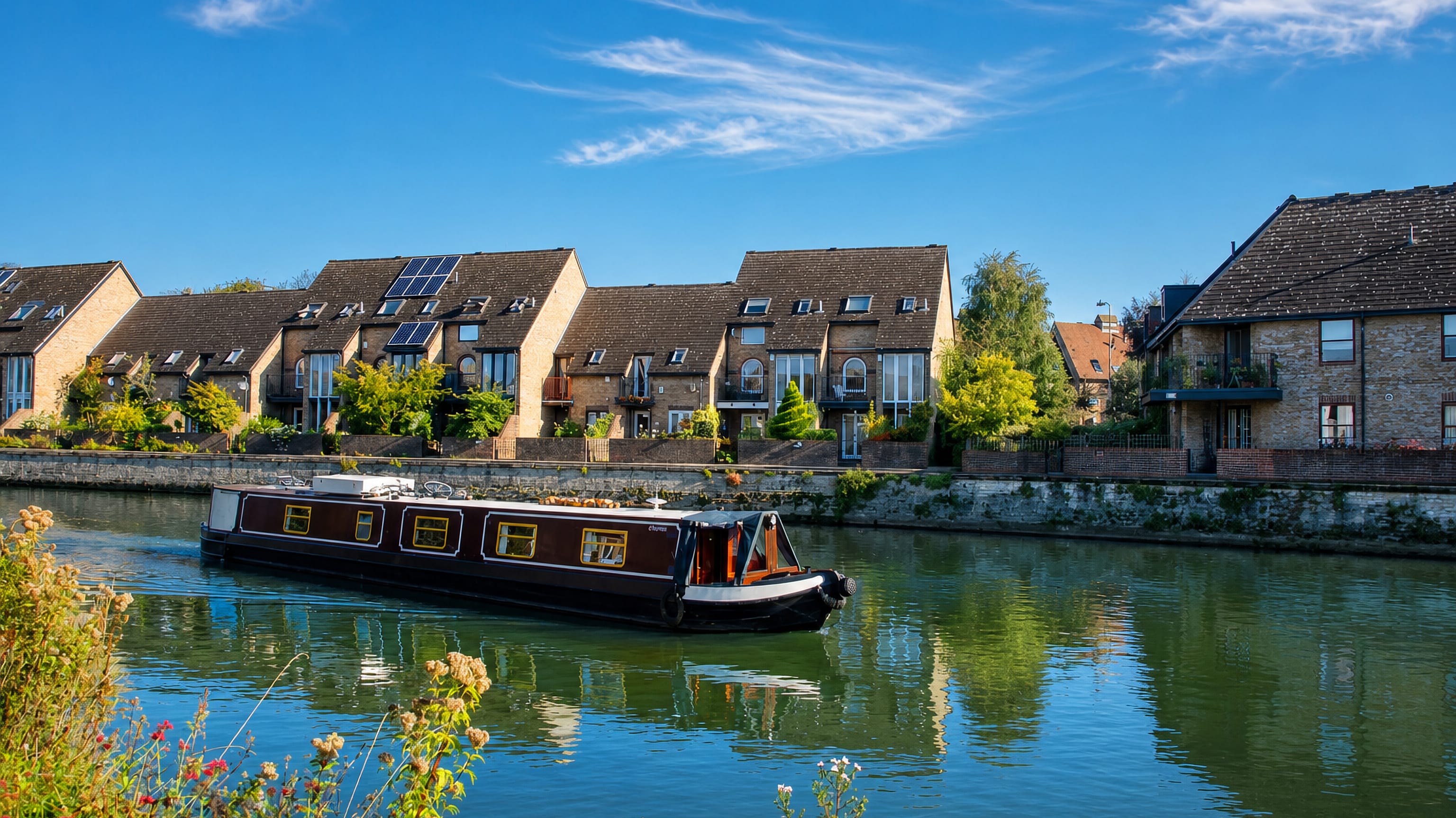 Narrowboat on the river beside modern brick townhouses in Grandpont, Oxford, on a sunny autumn day.
