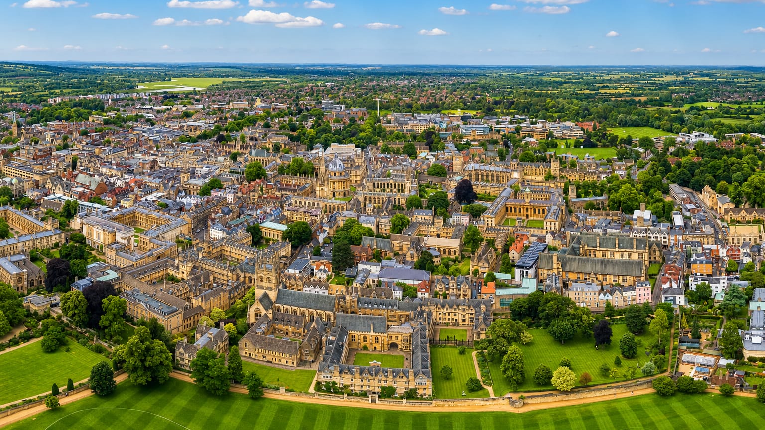 Aerial view of Oxford's historic college quadrangles and spires beside Christ Church Meadow