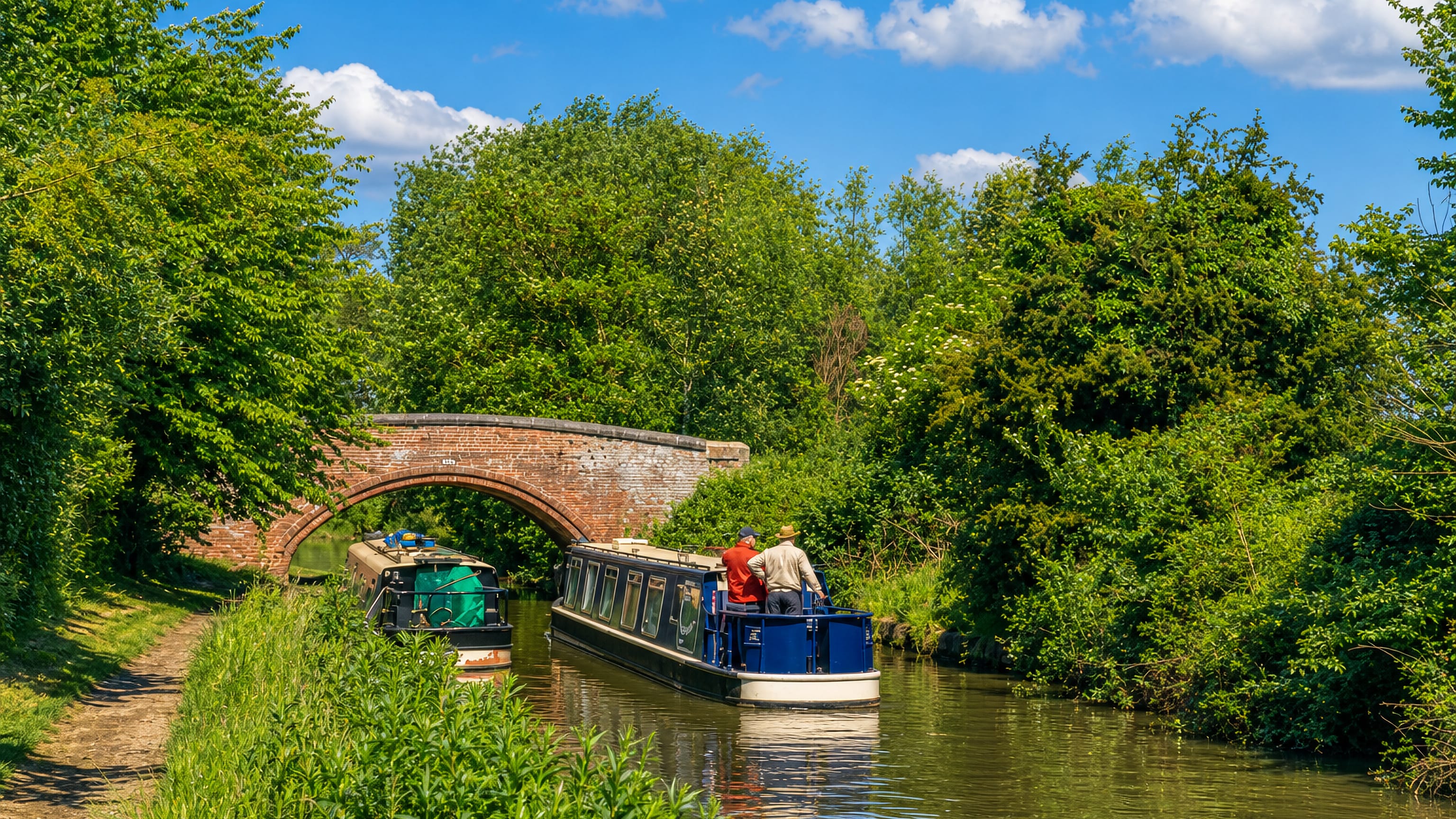 Narrowboats passing under a brick arch bridge on the Oxford Canal at Wolvercote.