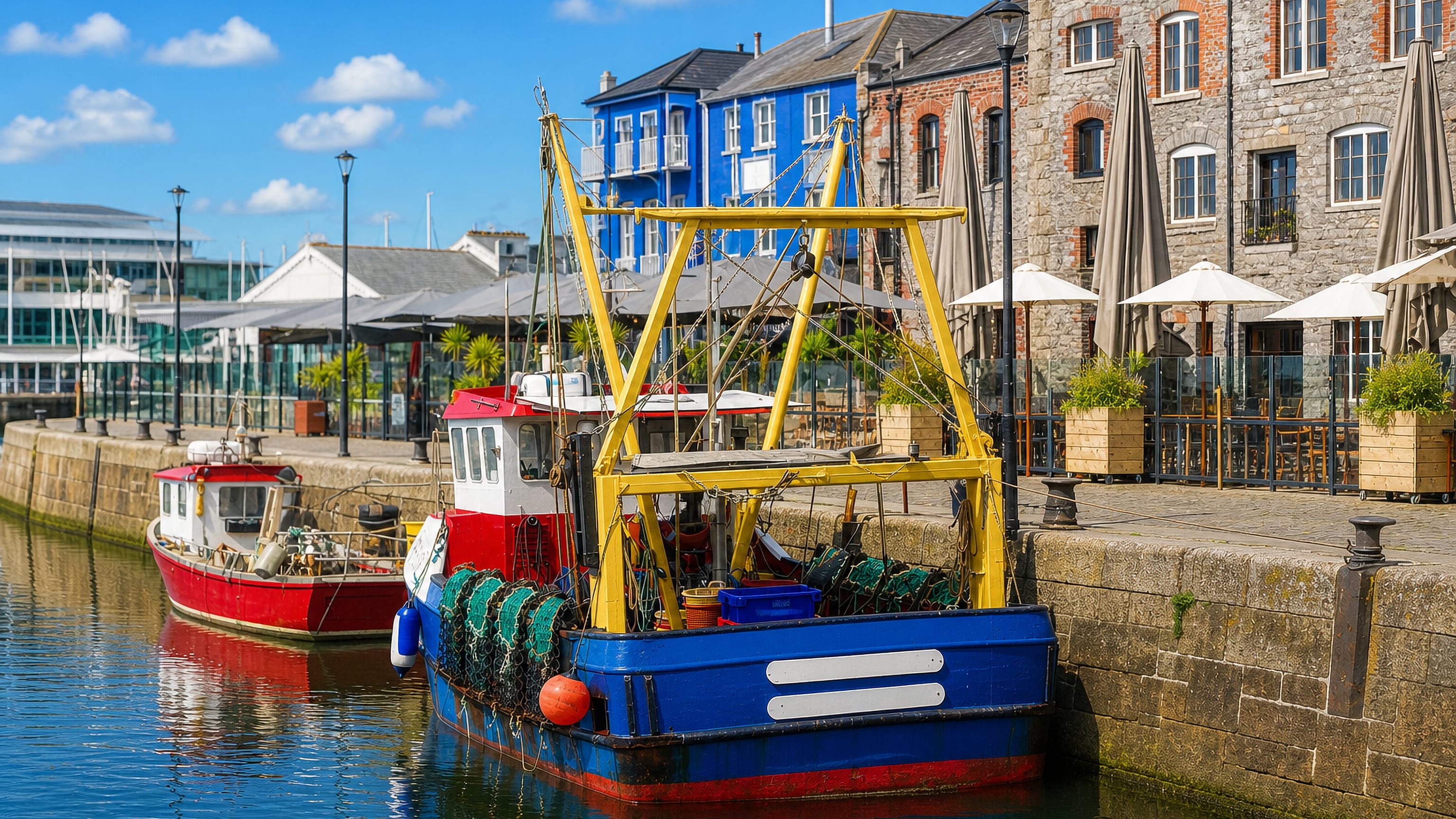 Fishing boats moored beside stone warehouses and quayside cafes on Plymouth's historic Barbican waterfront.