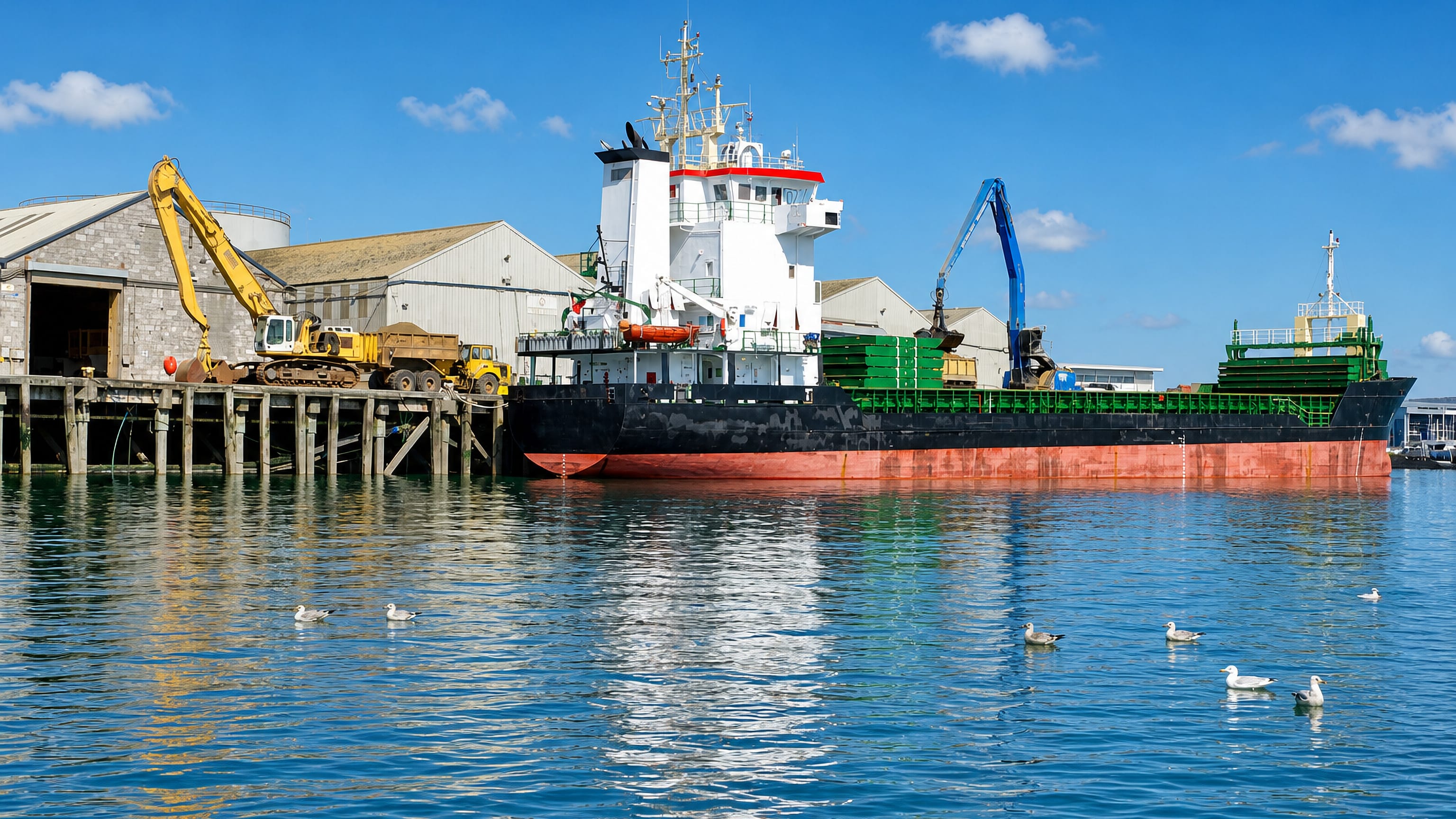 Cargo ship loading at the wharf beside quayside sheds and cranes at Cattedown in Plymouth.