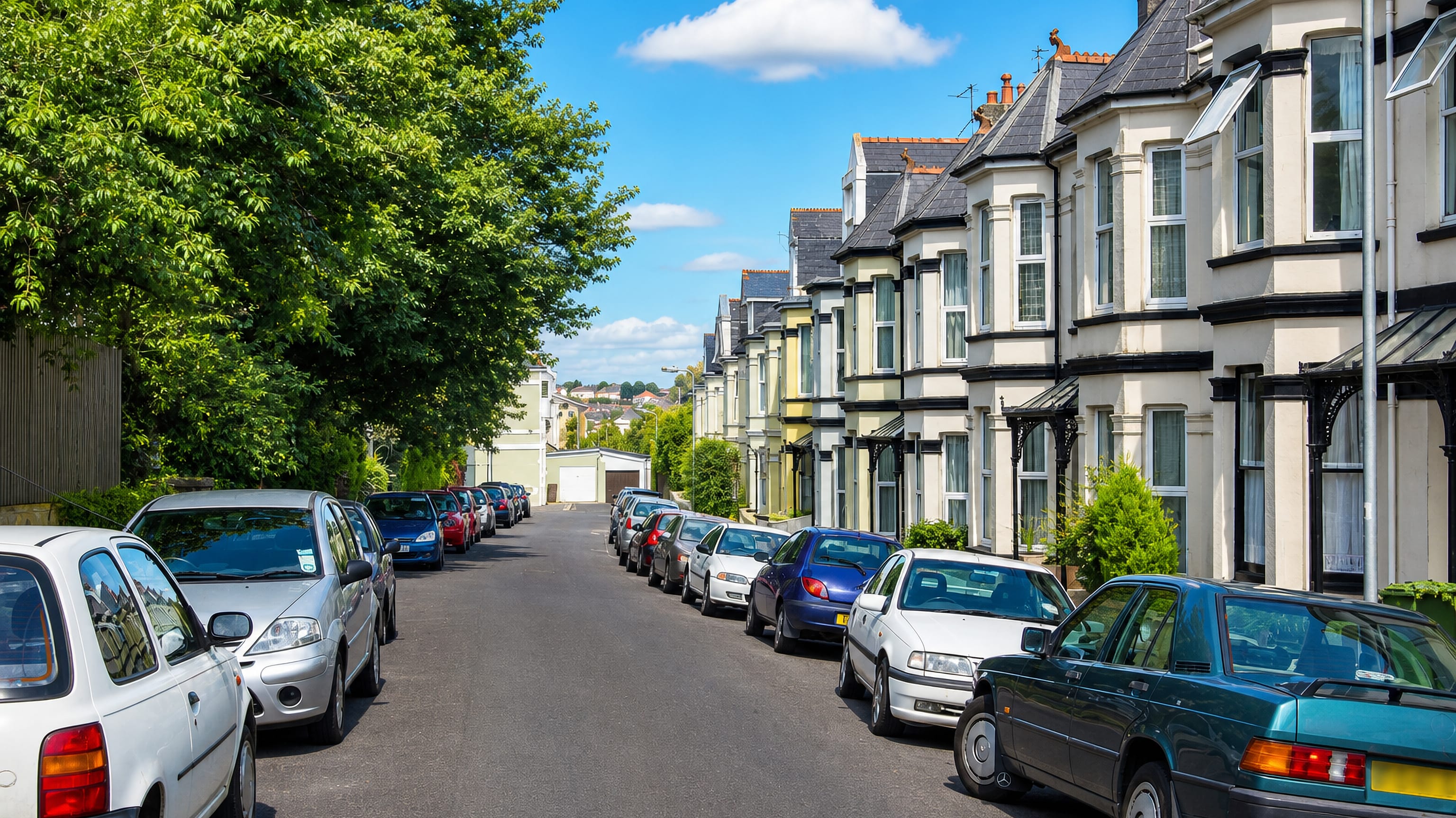 Sloping street of bay-windowed Edwardian terraces with parked cars in Hartley, Plymouth.