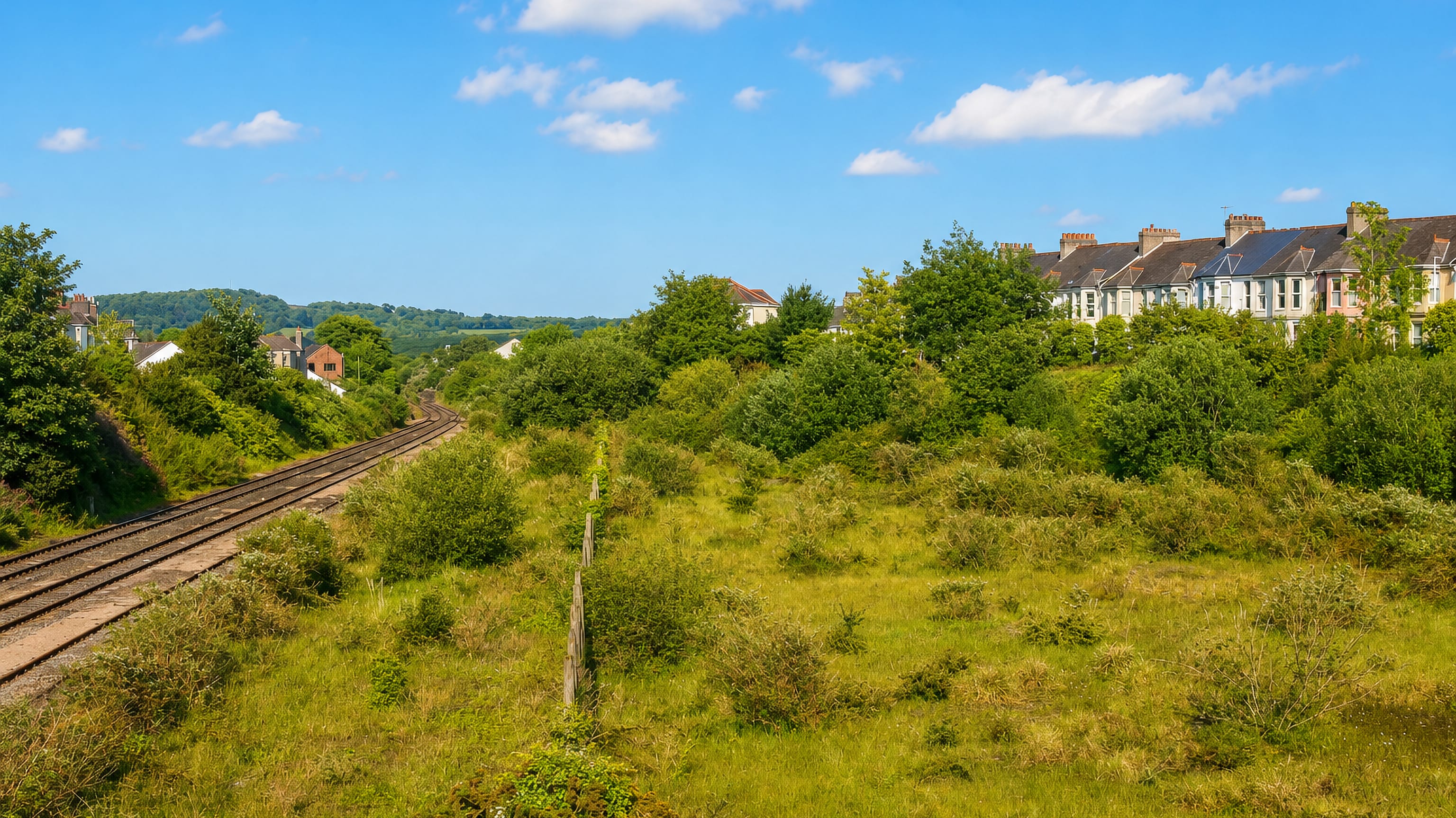 Railway cutting and scrubland below Victorian terraces in Lipson, Plymouth, under a bright blue sky.