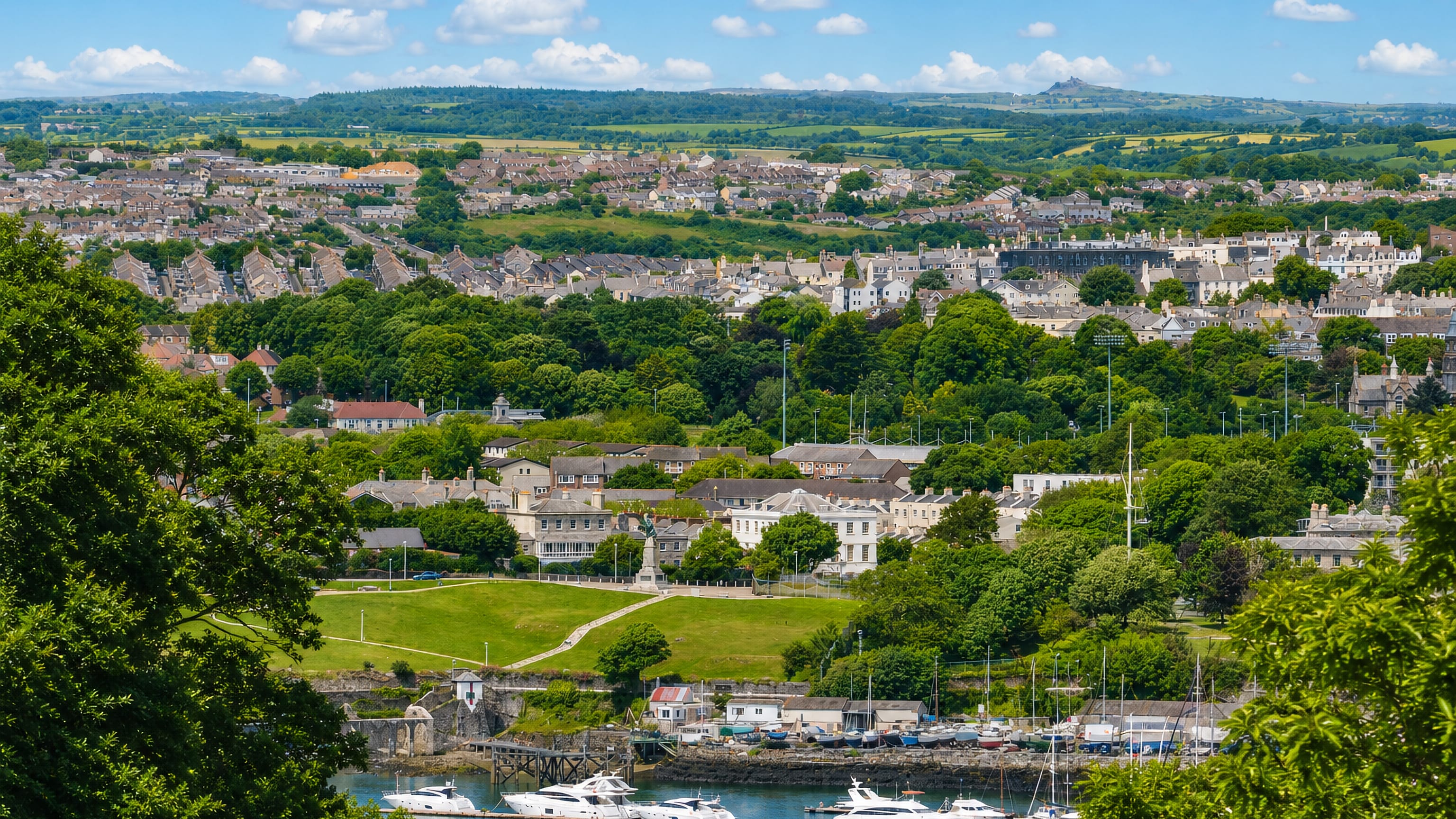 Terraced housing and a yacht-filled harbour seen from the heights of Mount Wise in Plymouth.