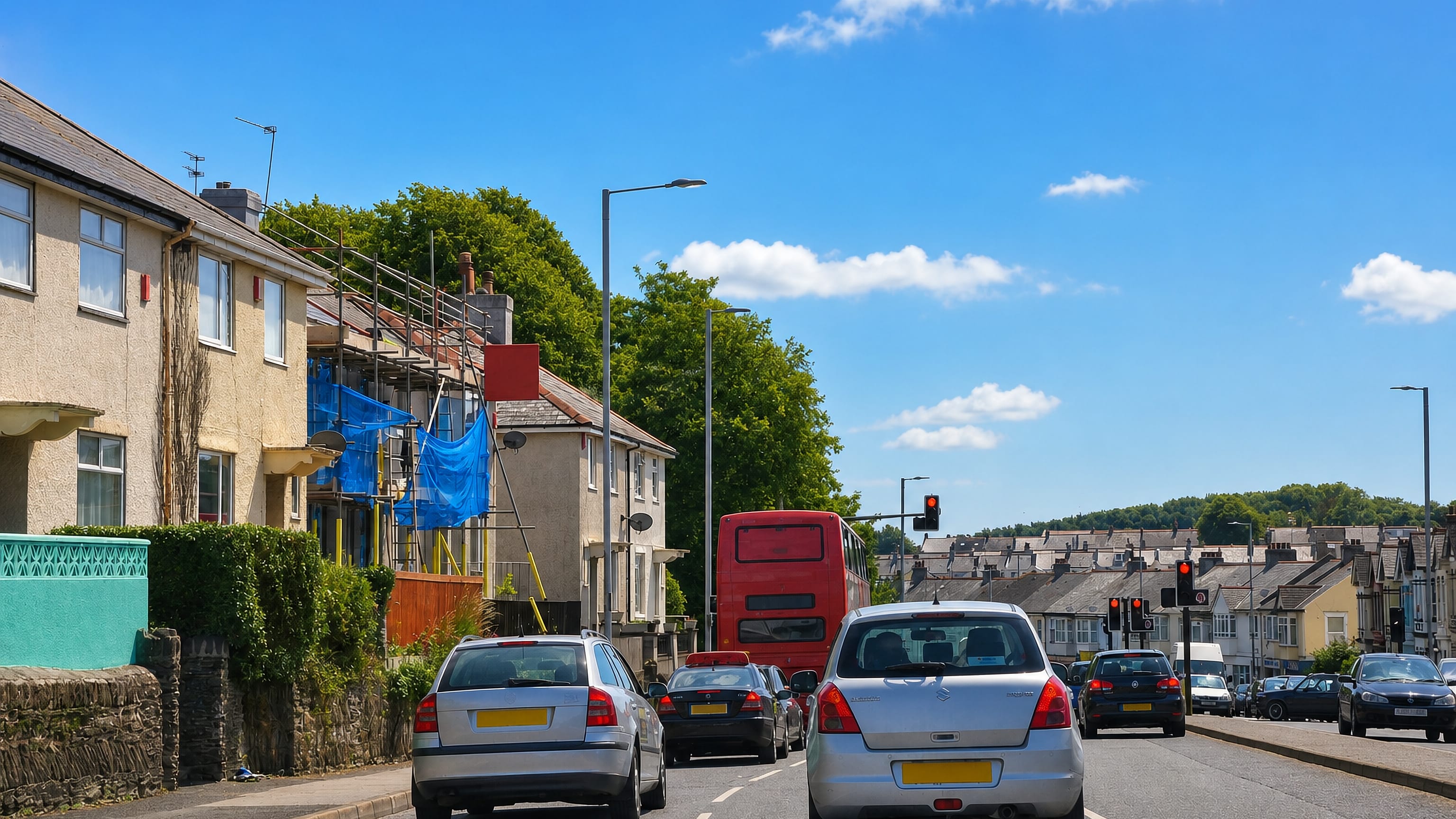 Traffic queuing past rendered terraces and a red double-decker on a hillside street in North Prospect, Plymouth