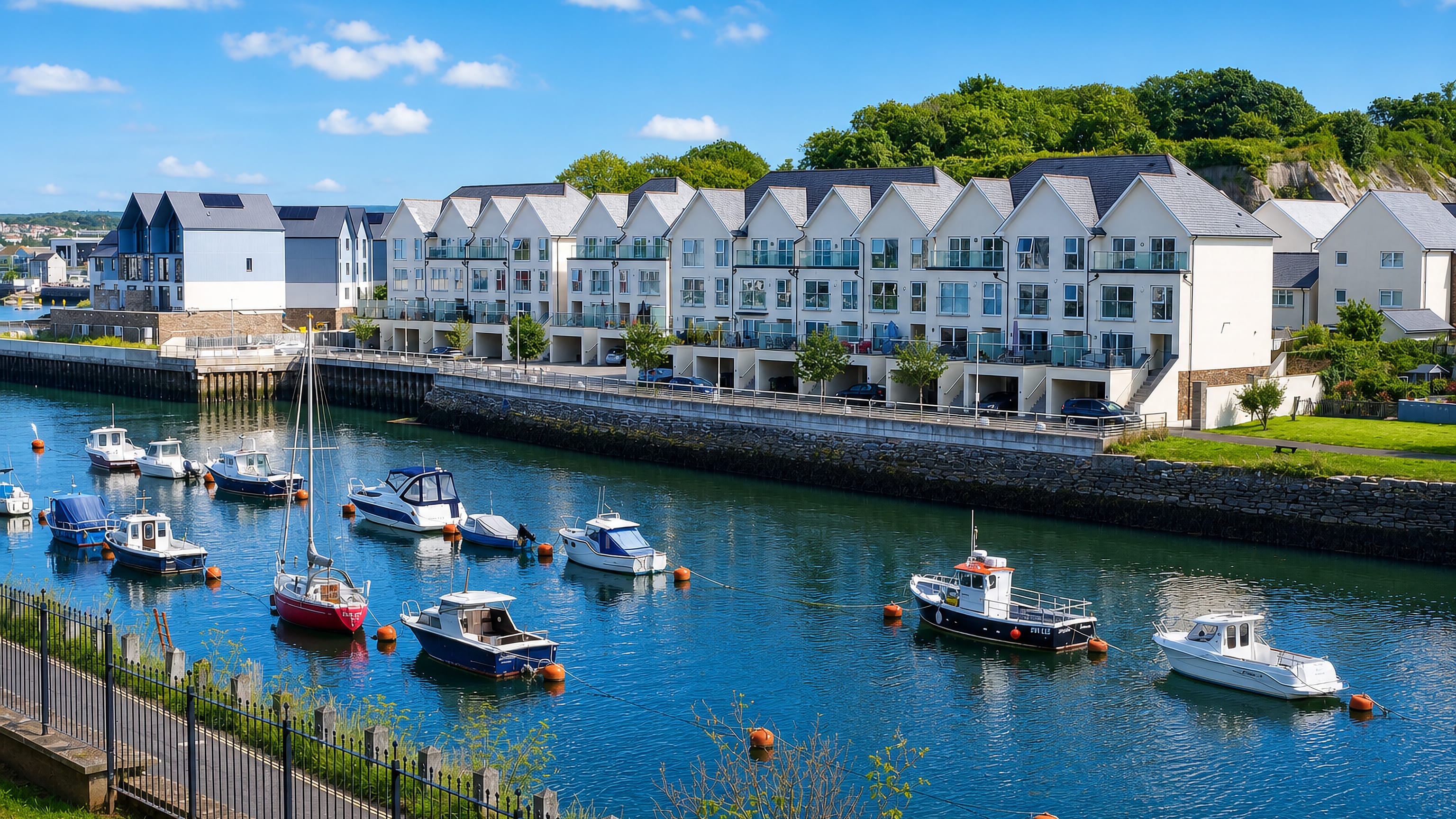 Small boats moored off Oreston quay in Plymouth below waterside townhouses and a wooded quarry face.