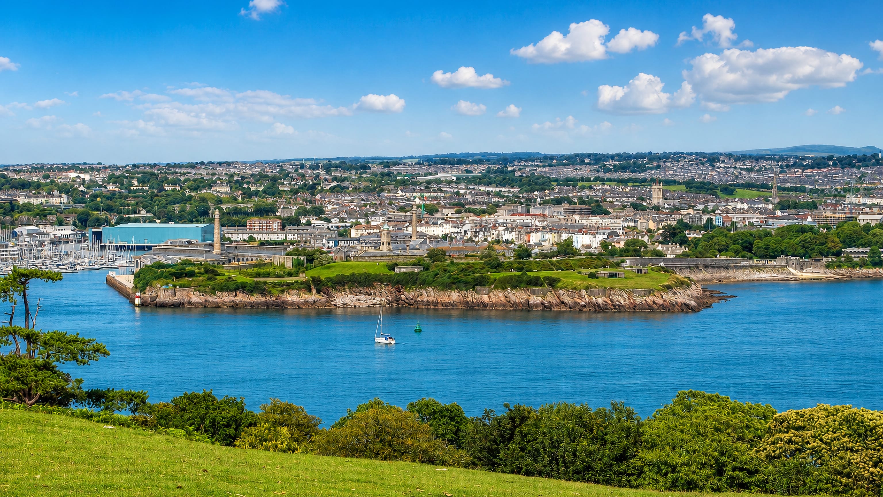 Stonehouse peninsula in Plymouth seen across the water, with its marina, green headland and rooftops.